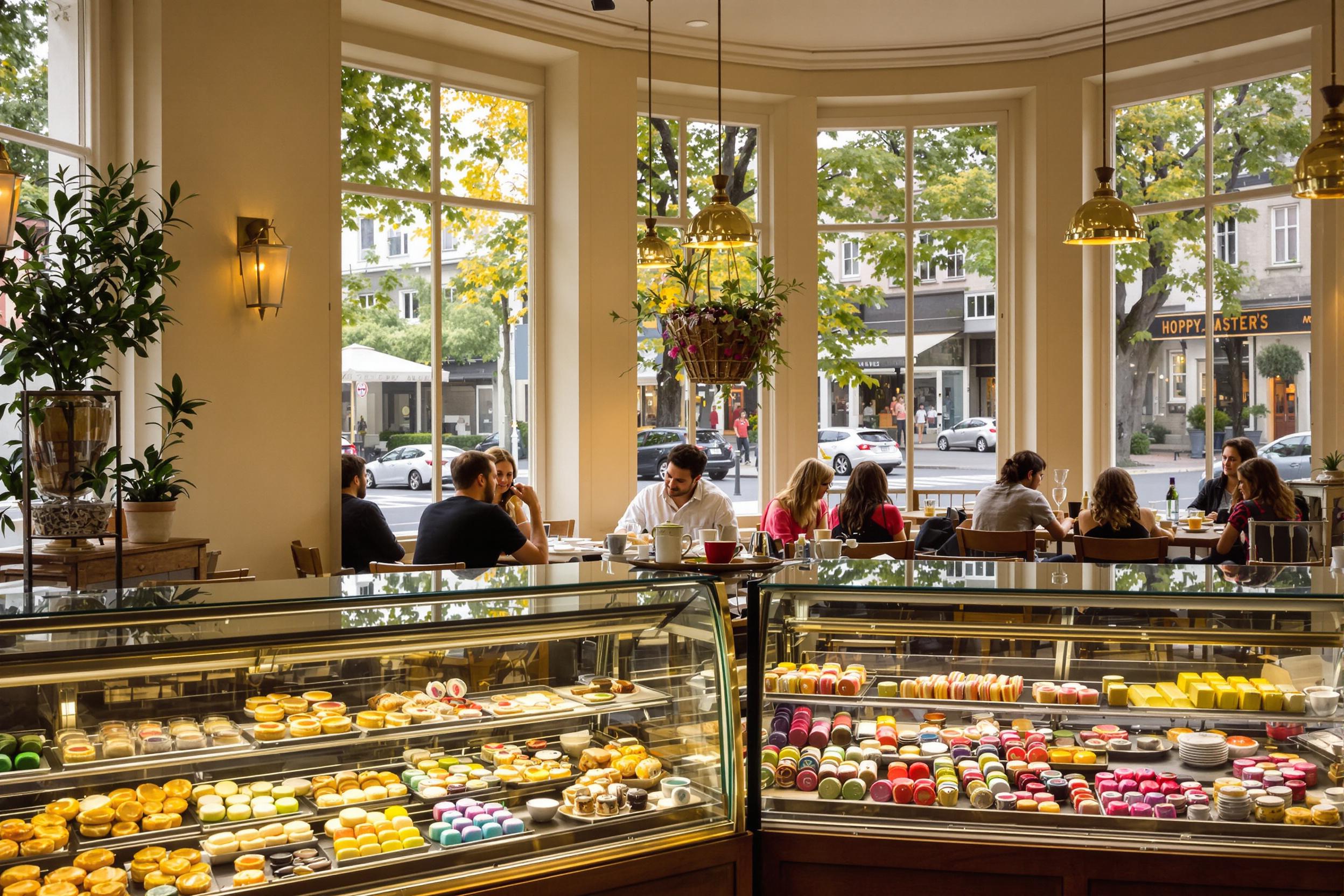 A cozy corner café invites visitors with large windows allowing soft, warm sunlight to stream inside. In the foreground, a glass display case showcases an array of freshly baked goods, from flaky pastries to colorful macarons. Wooden tables are scattered about, with patrons enjoying their drinks amidst gentle chatter, enhancing the inviting atmosphere.