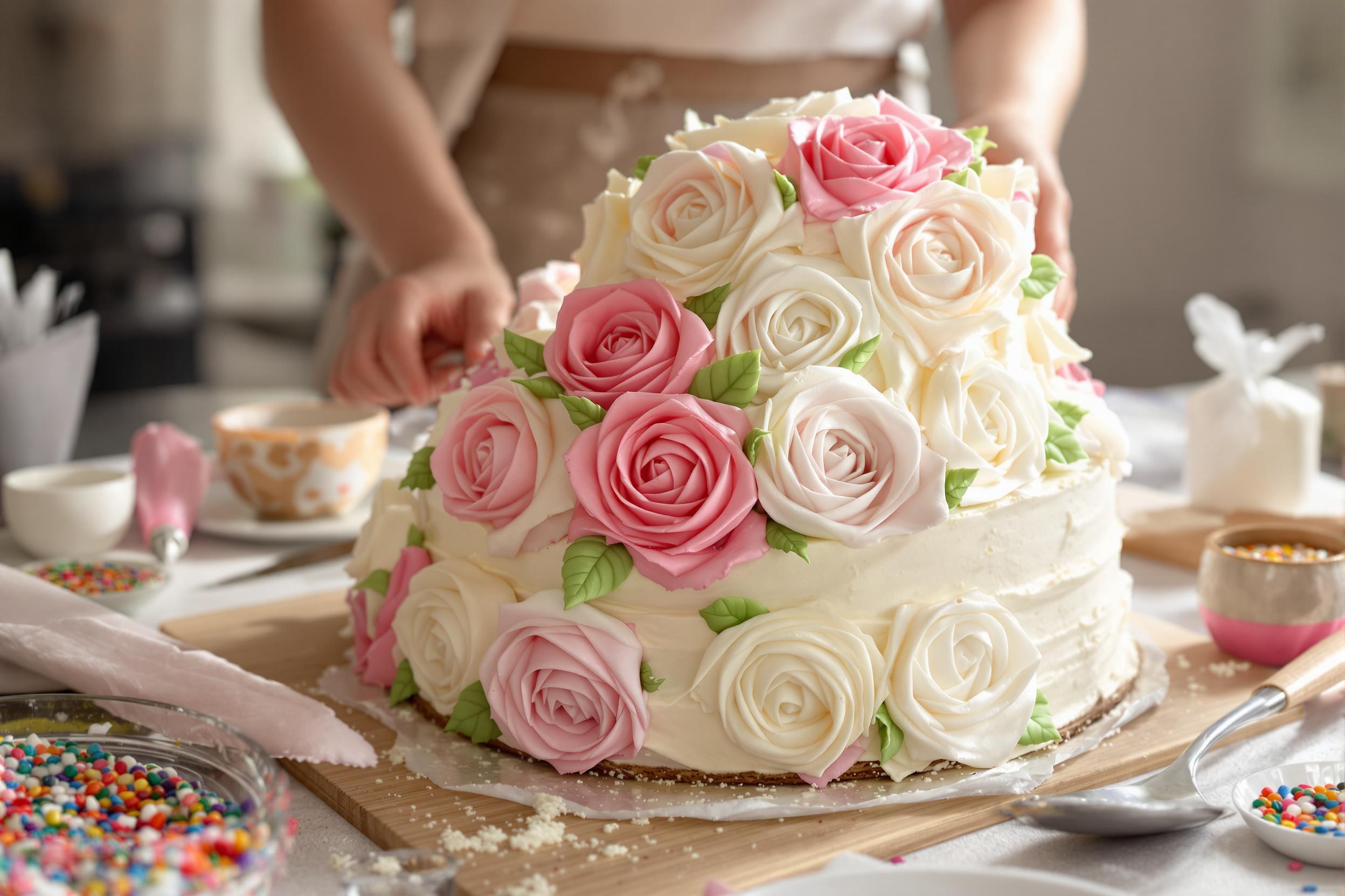 A close-up reveals hands delicately decorating a three-tiered rose cake with buttercream frosting. Vibrant pink and white roses are being piped onto the surface, showcasing textured petals that look lifelike. Surrounding the cake are various baking tools like spatulas, piping bags, and bowls filled with colorful sprinkles, all illuminated by soft morning light streaming through a nearby window.