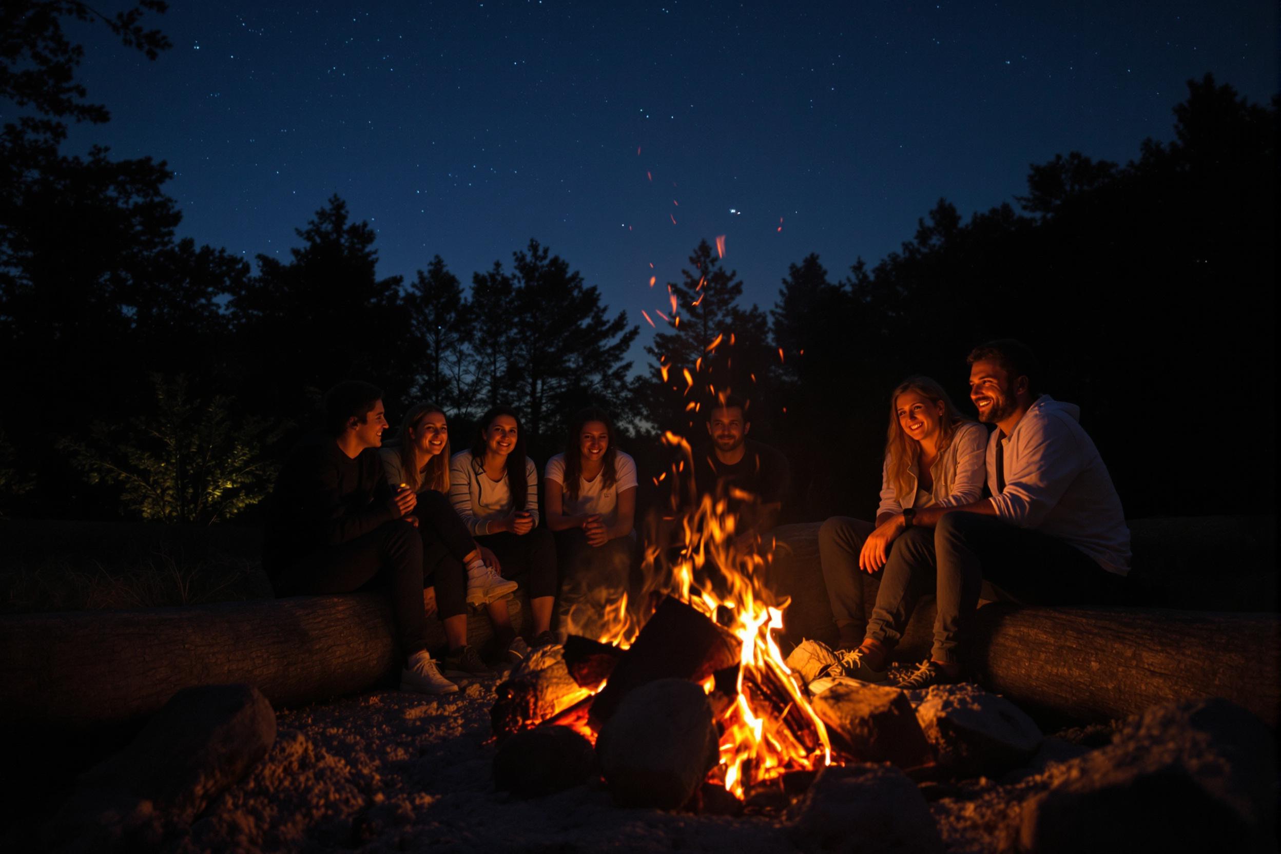 A cozy evening gathering unfolds around a crackling campfire under a starry sky. Friends sit close together on logs, sharing stories and laughter, their faces illuminated by the warm glow of the flames. Flickering shadows dance around them, with glowing embers rising into the night. The surrounding trees create a tranquil backdrop, enhancing the sense of connection and warmth.