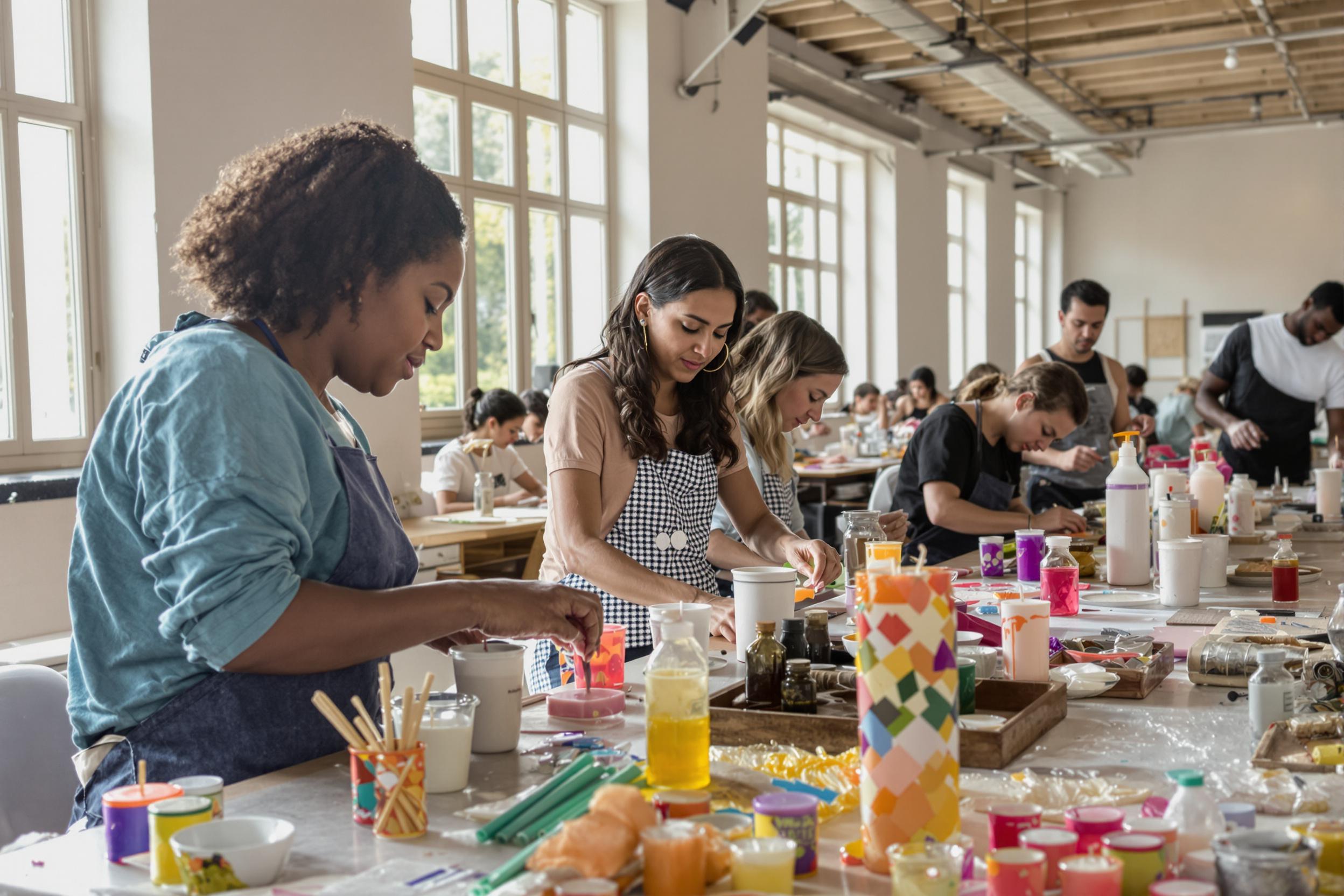 In a bright studio, participants engage in a candle-making workshop, crafting unique candles from vibrant waxes. Natural light streams through large windows, illuminating their focused expressions and colorful materials scattered across the tables. Fragrant oils and molds add sensory depth to the inviting atmosphere.