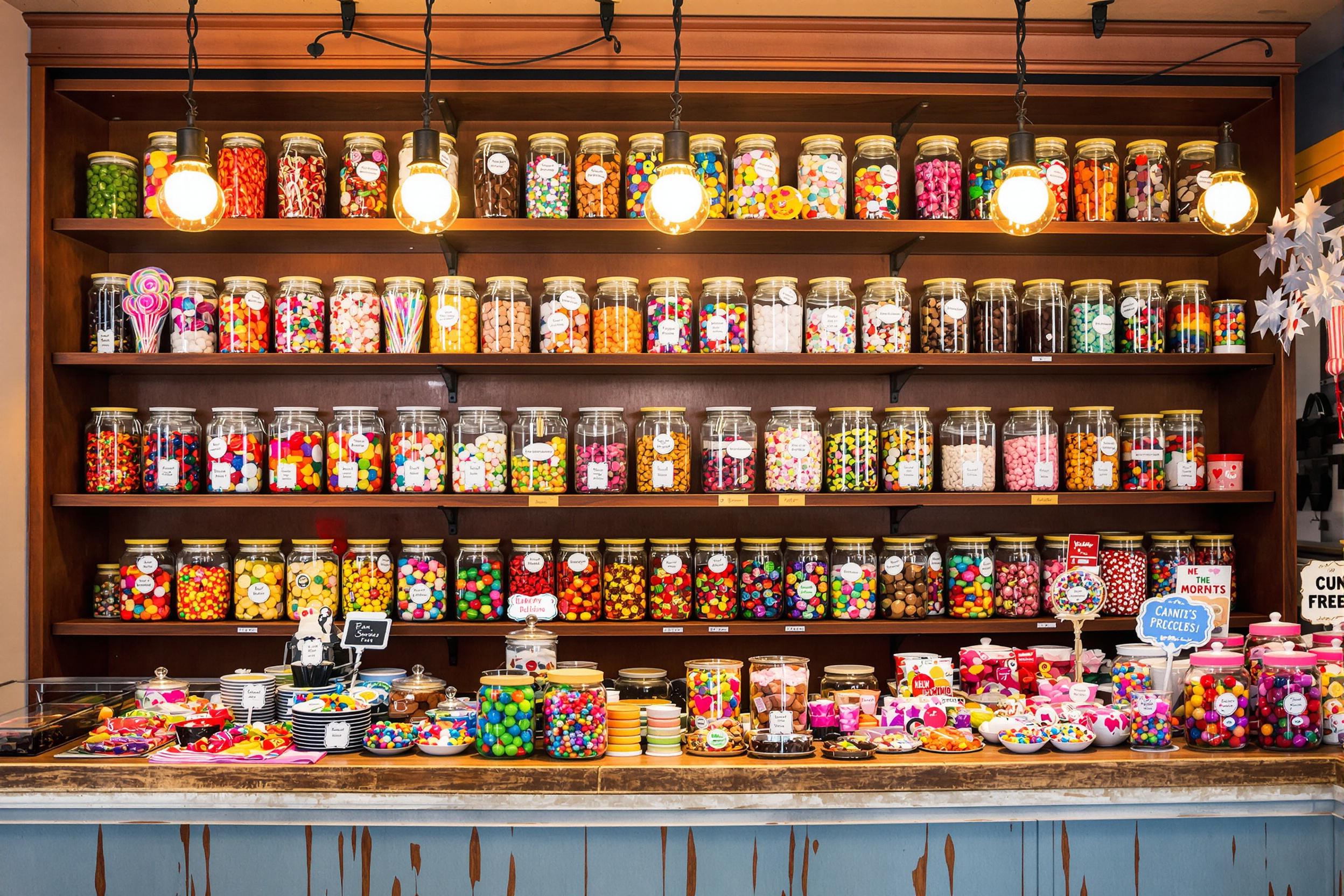 A whimsical candy shop bursts with color, featuring shelves lined with jars of assorted sweets. Lollipops, gummy bears, and chocolate truffles create a festive array, illuminated by soft, warm bulbs overhead. The rustic wooden counter adds charm, while playful signage enhances the inviting atmosphere among the vibrant treats.