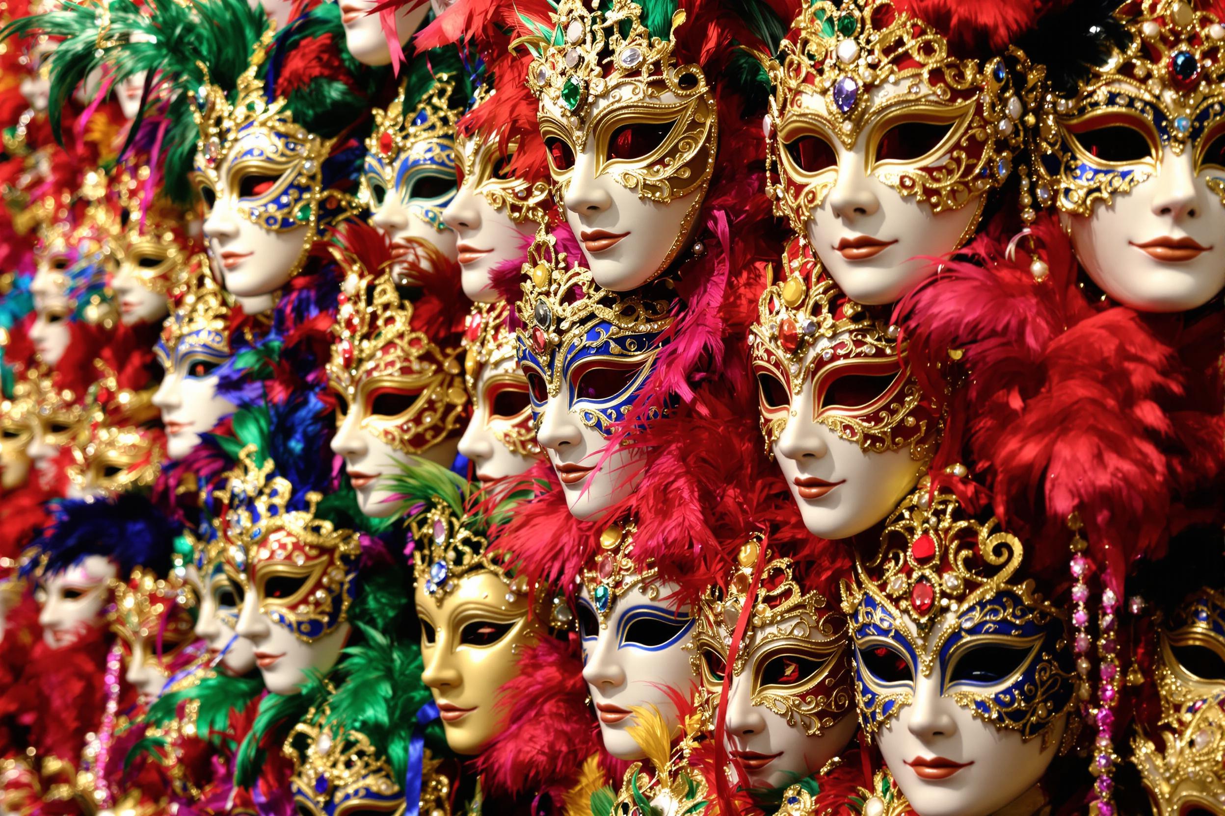 An array of elaborate carnival masks dominates this close-up shot. Jewels, feathers, and gold filigree shimmer under bright artificial lighting. Vivid primary colors like red, blue, and green alternate between the masks, arranged in layered rows that enhance depth. Each mask’s unique design showcases artistic craftsmanship.