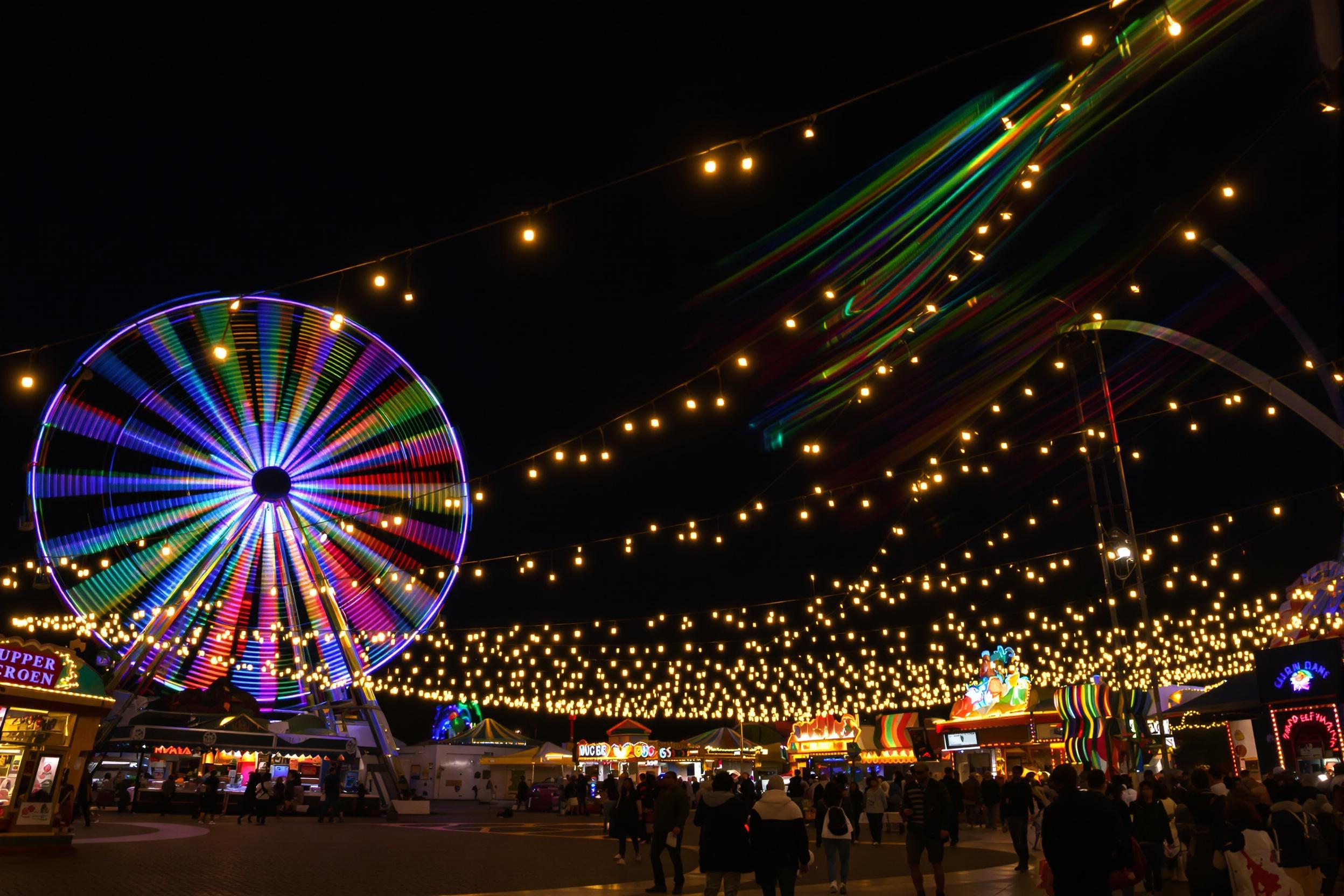 A nighttime carnival glows vibrantly under a moonlit sky. Rides like ferris wheels and carousels emit trails of multicolored light, captured with long-exposure photography for motion blur. Strings of warm fairy lights weave between booths offering sugary treats and games. Soft shadows underscore the bustling excitement of visitors enjoying the event.