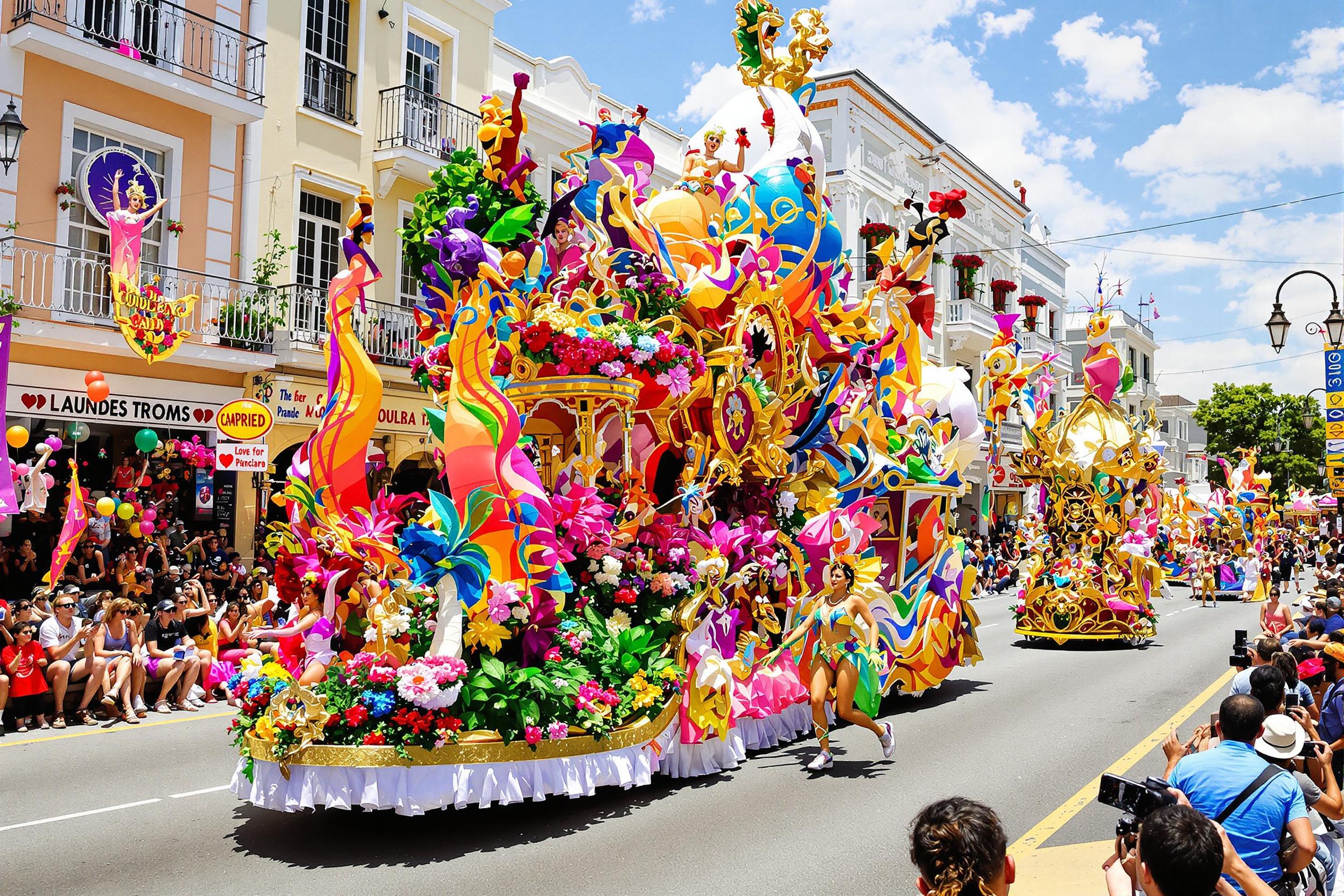 A dazzling carnival parade fills the vibrant street with color and excitement. Elaborately decorated floats roll by, adorned with flowers and themed designs, as performers in vibrant costumes dance energetically. Crowds line the sidewalks, waving and cheering amidst a backdrop of colorful banners and balloons, all under the bright afternoon sun that illuminates the festive atmosphere.