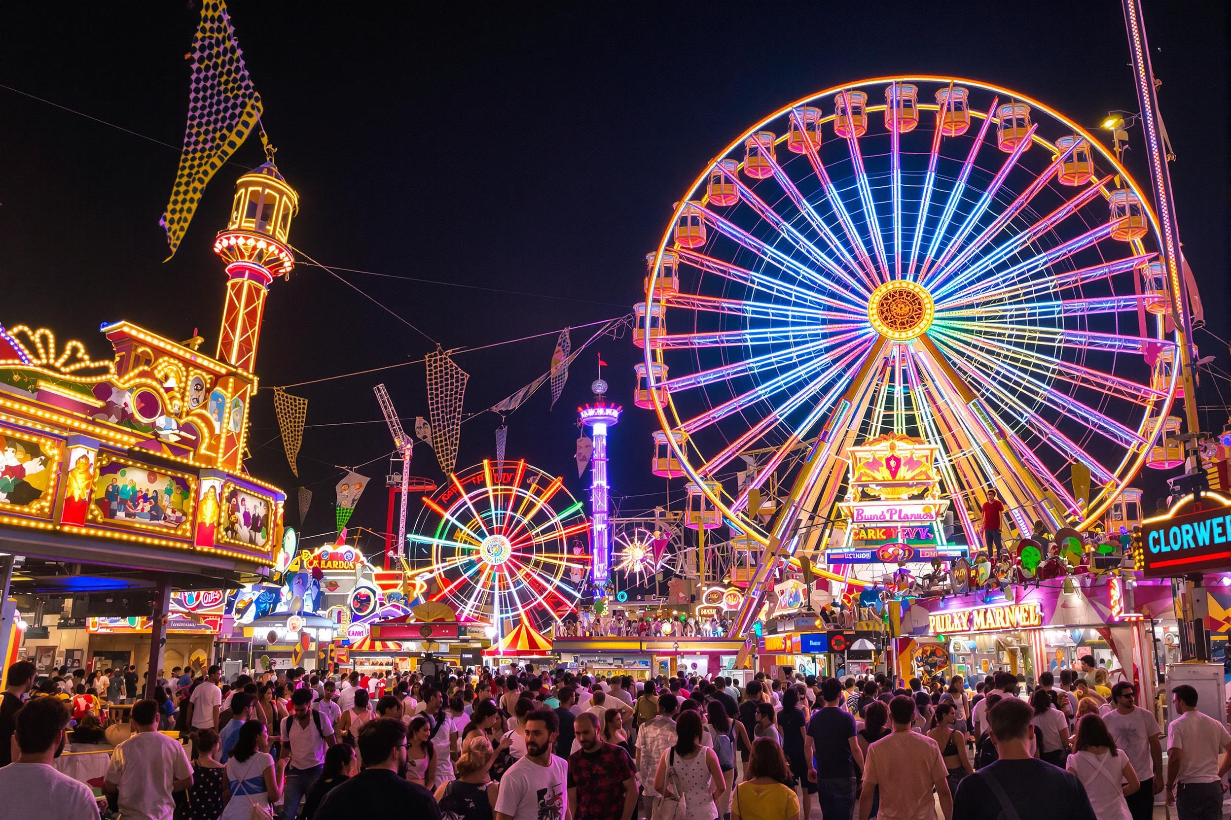 A lively carnival scene unfolds at night under a cascade of dazzling lights. The air brims with excitement as children and adults alike enjoy the thrilling rides. A towering Ferris wheel punctuates the skyline, its vibrant colors reflected in the faces of joy-filled patrons. Colorful streamers and decorations sway gently overhead, adding to the festival atmosphere.