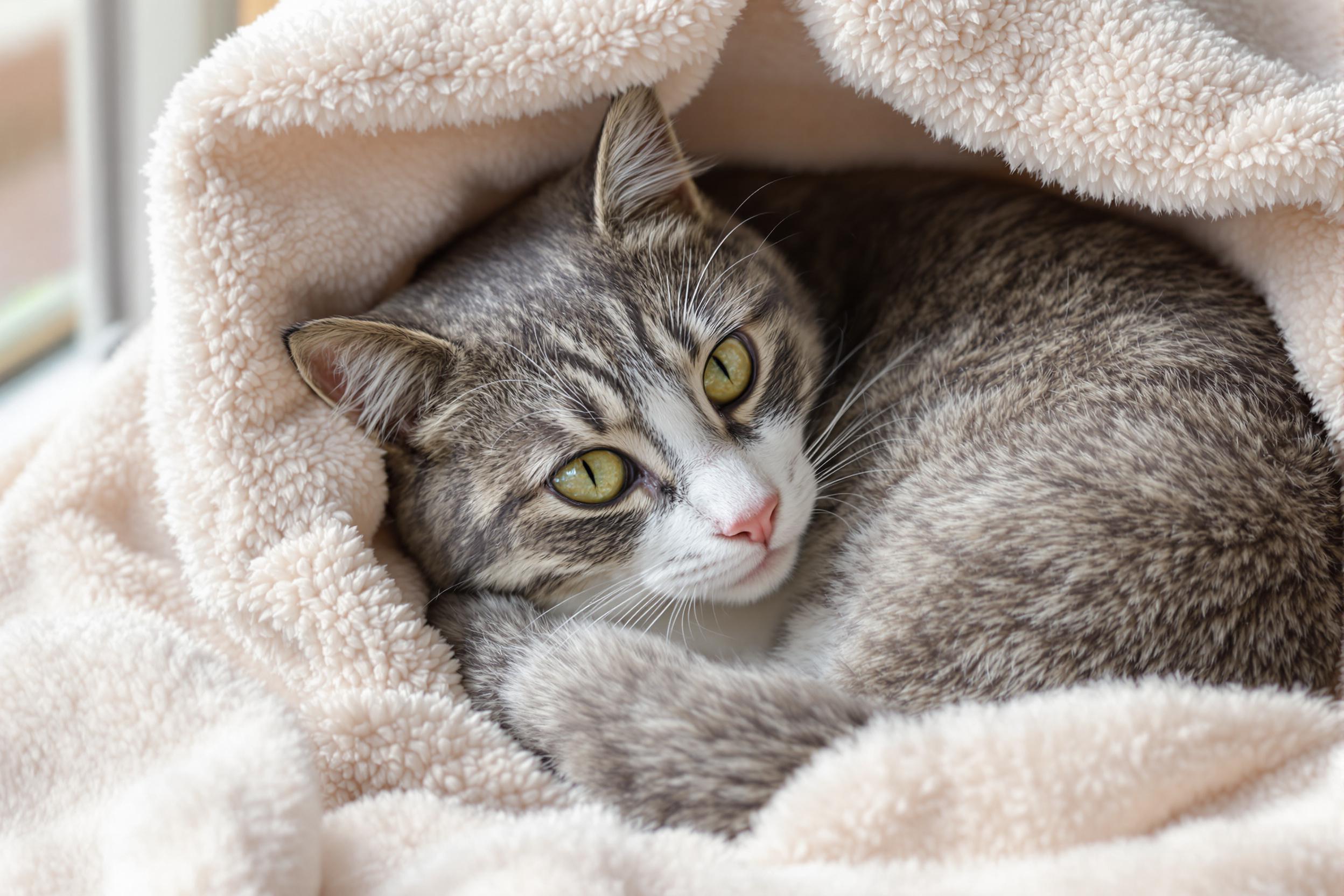 A serene close-up captures a well-groomed house cat curled delicately within a plush blanket. Soft, natural light filters through a nearby window, accentuating the glossy sheen of the cat's fur in shades of gray and white. Its bright green eyes peep out curiously from the gentle folds, adding life and charm to the image. The velvety texture of the blanket provides a warm, inviting contrast to the fine details of the feline.