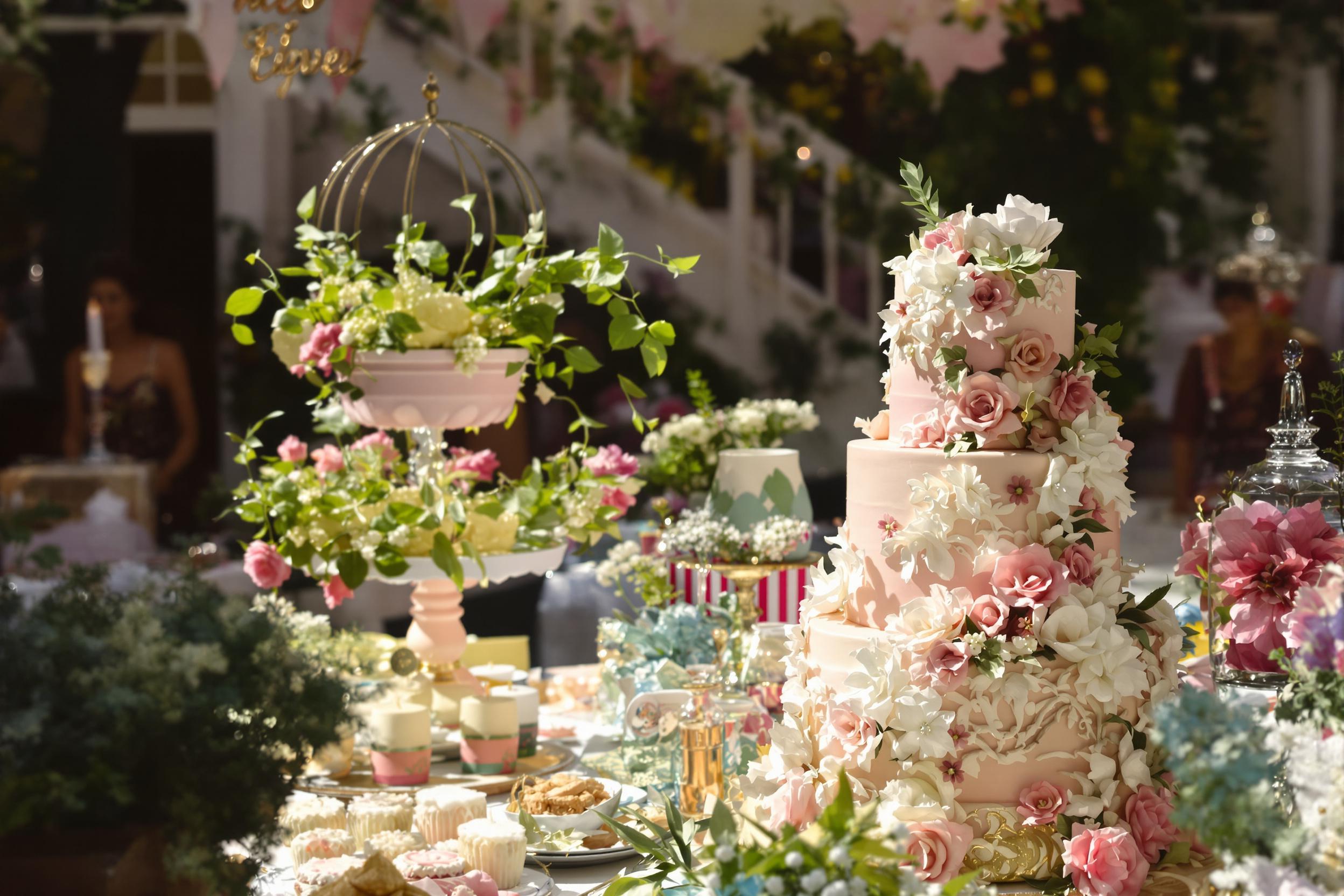 A beautifully crafted designer cake takes center stage on a festive table, adorned with intricate floral decorations made from fondant. The multi-tiered cake features pastel-colored layers, each visually captivating. Sunlight diffuses gently over the scene, highlighting the delicate details and shimmering sugar accents. The inviting ambiance suggests a joyful celebration with cheerful elements in the background.