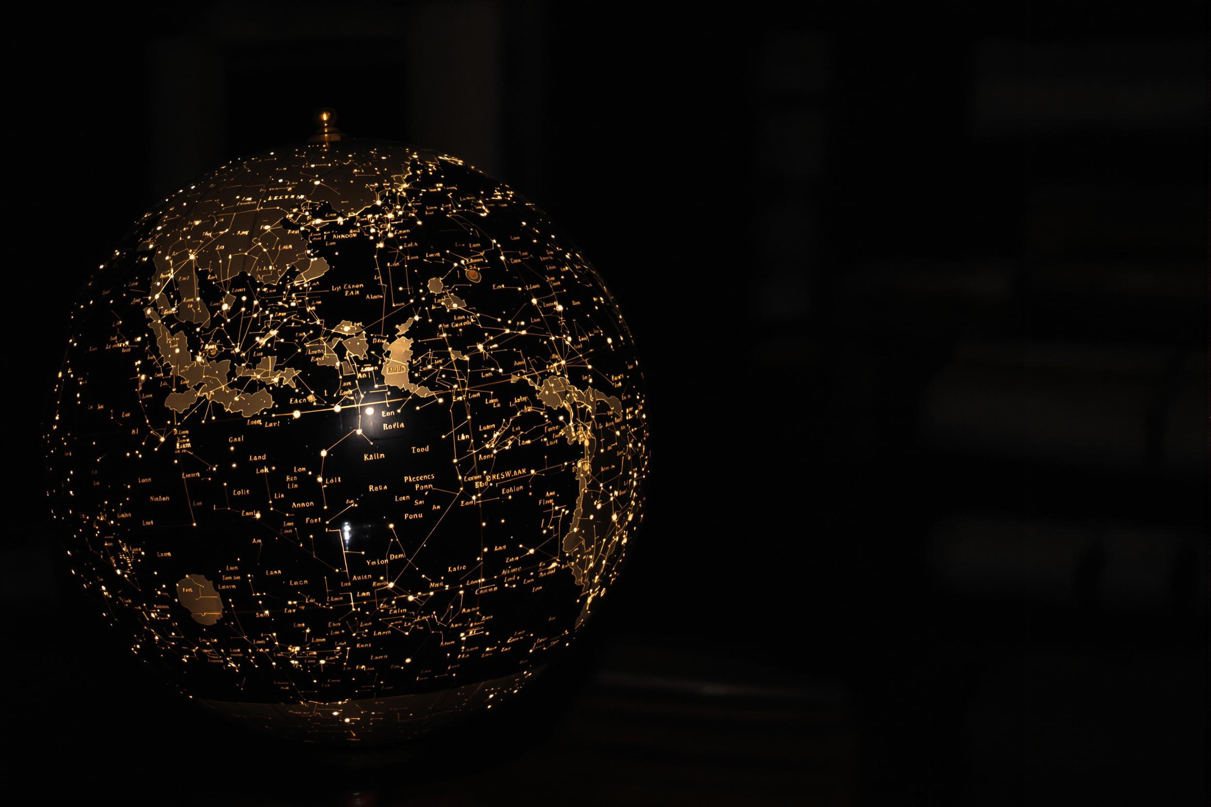 Inside a dimly lit study, a celestial globe rests on a wooden pedestal. Its surface is adorned with intricate constellations marked by faint glowing points and gold-edged markings. Shadows envelop parts of the room as soft light emphasizes the globe's rich textures and star atlas details. Bookshelves and rolled maps subtly blur in the background.