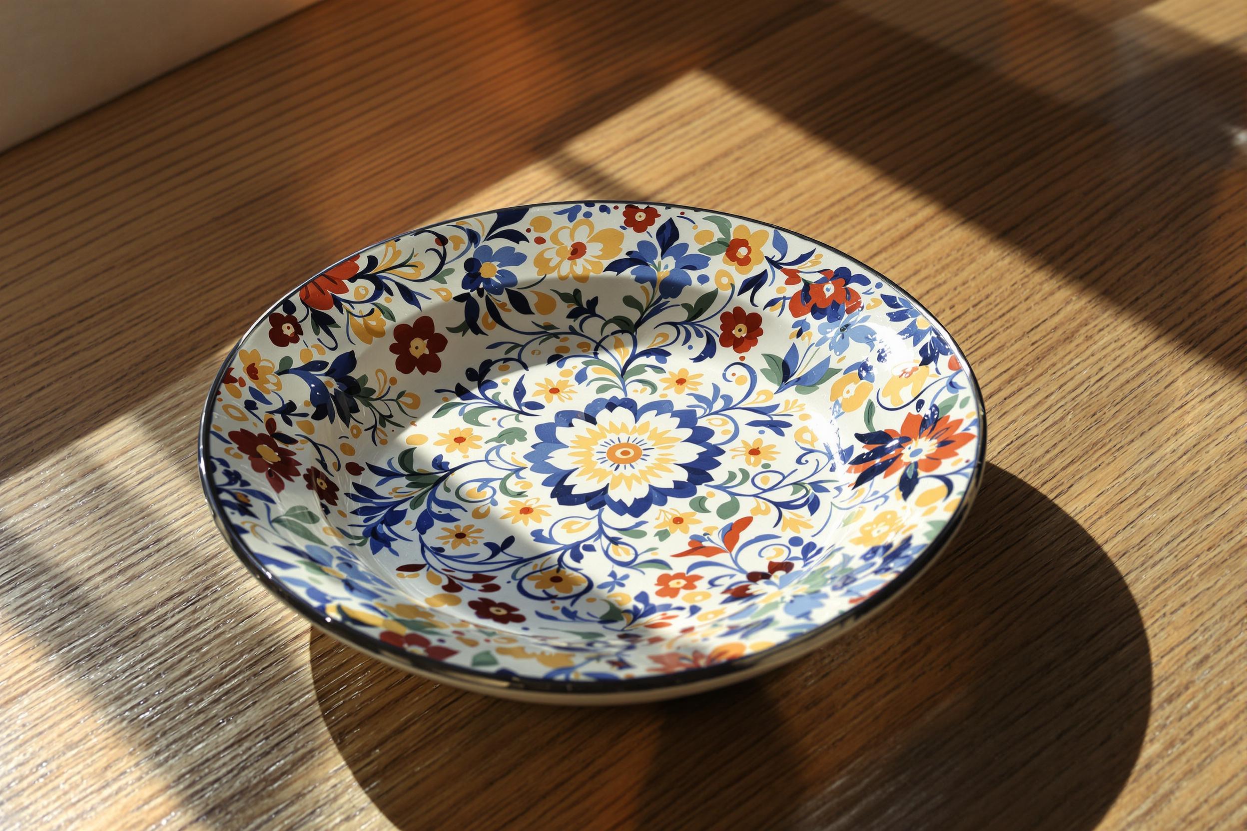 An exquisite hand-painted ceramic dish rests on a textured wooden countertop. The plate showcases intricate floral patterns in vibrant blues, yellows, and reds, radiating warmth as soft sunlight catches its glossy surface. Delicate brushstrokes highlight the craftsmanship, while gentle shadows enhance the three-dimensional quality of the piece.