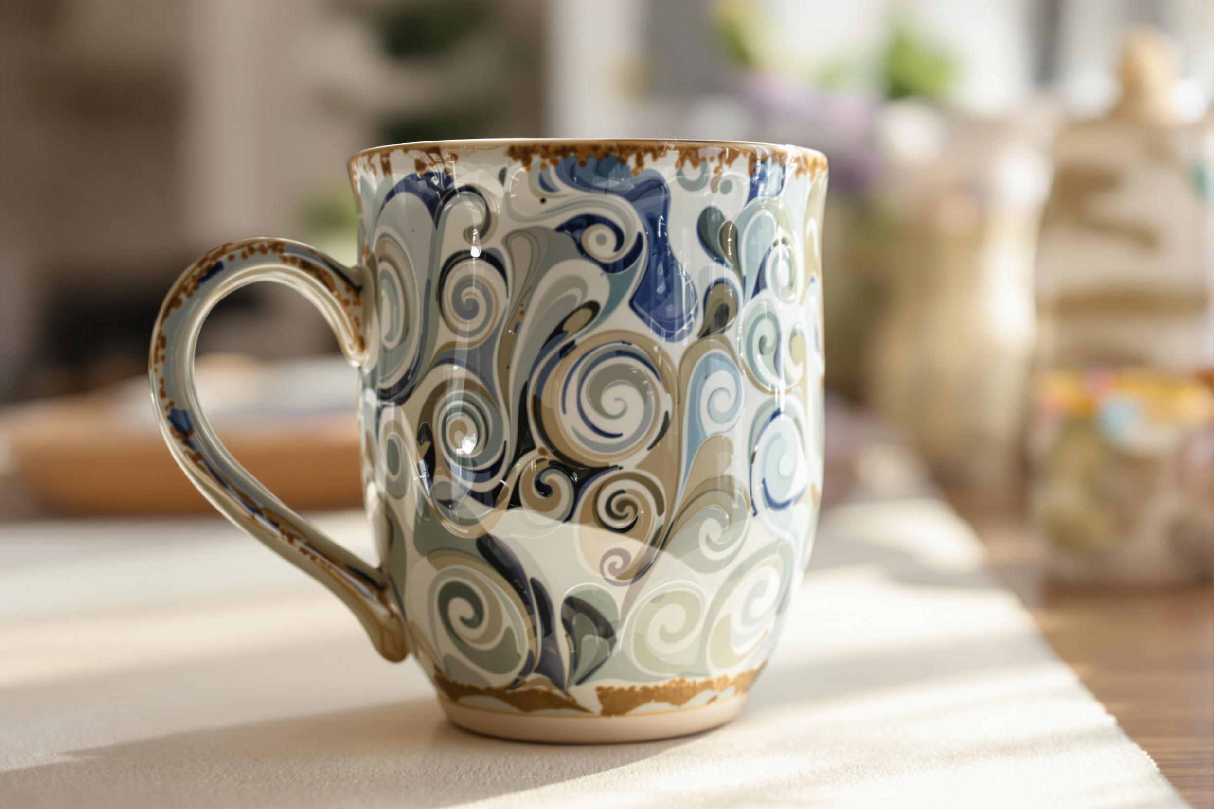 A close-up showcases a handcrafted ceramic mug, intricately adorned with swirling patterns in shades of blue and green. The surface glistens softly under diffused daylight, emphasizing its unique textures and artisanal craftsmanship. The blurred backdrop hints at a cozy studio, enhancing the intimate feel of this delightful ceramic piece.