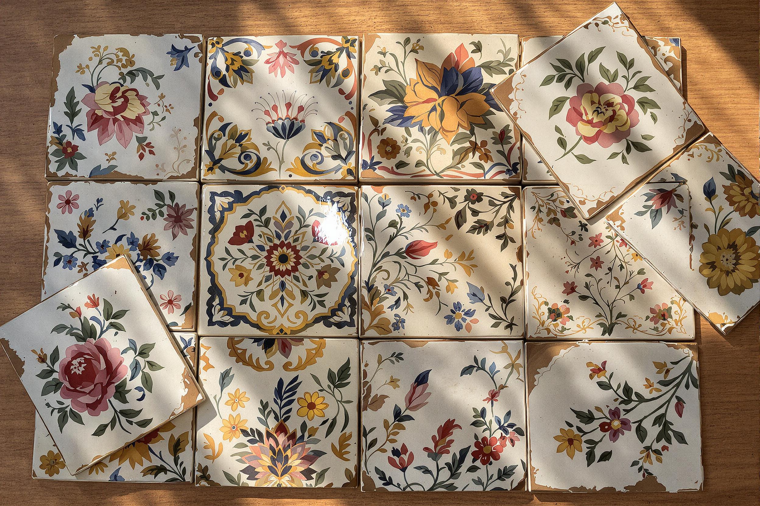 An overhead view captures a collection of ancient hand-painted ceramic tiles, each adorned with vibrant floral and geometric patterns. Subtle sunlight creates soft glows and gentle shadows across the glossy glazed surfaces, emphasizing the faded yet intricate artistry. Carefully placed on a warm-toned wooden surface, some tiles reveal chipped edges, adding historic charm.