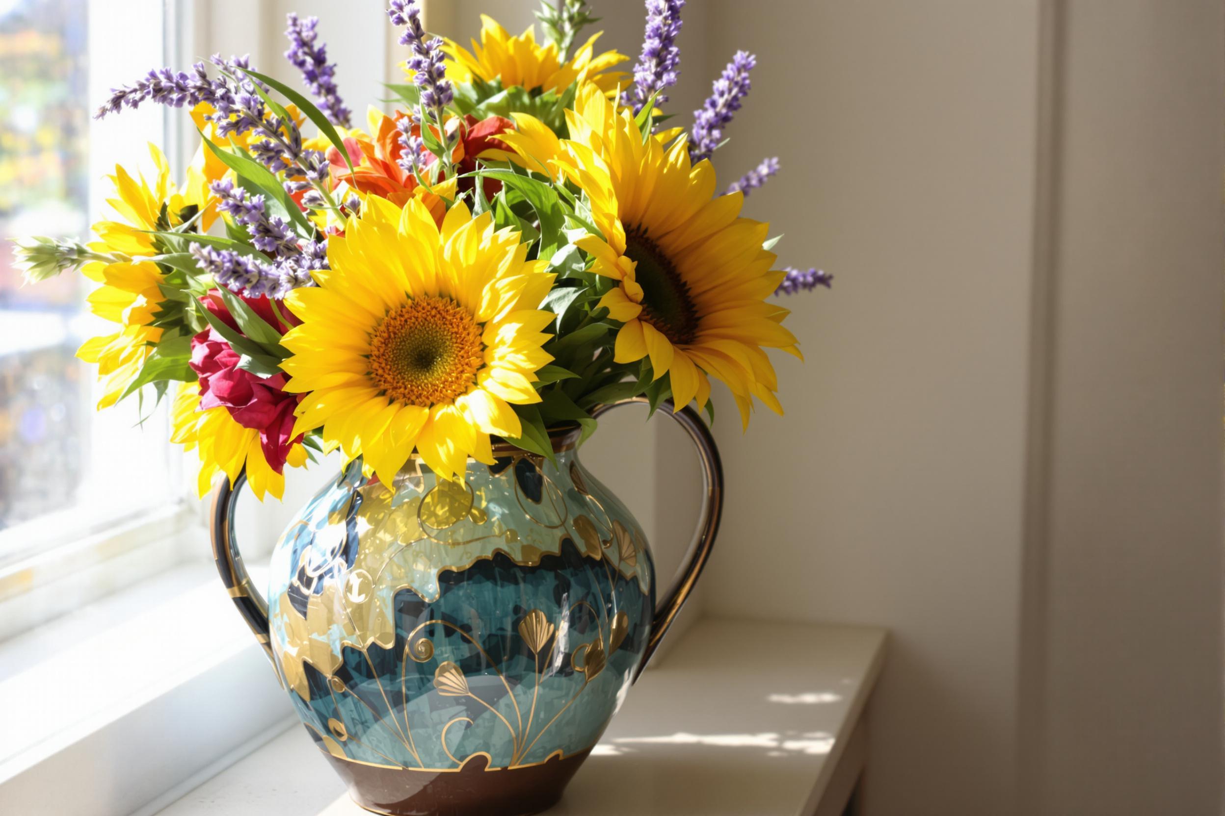 A beautifully crafted ceramic vase showcases rich patterns and glazes in hues of teal and gold. It cradles a lively bouquet of fresh flowers including bright sunflowers and fragrant lavender. The soft afternoon light streams from a nearby window, accentuating the textures of the vase and petals while creating gentle shadows on the surface beneath it.