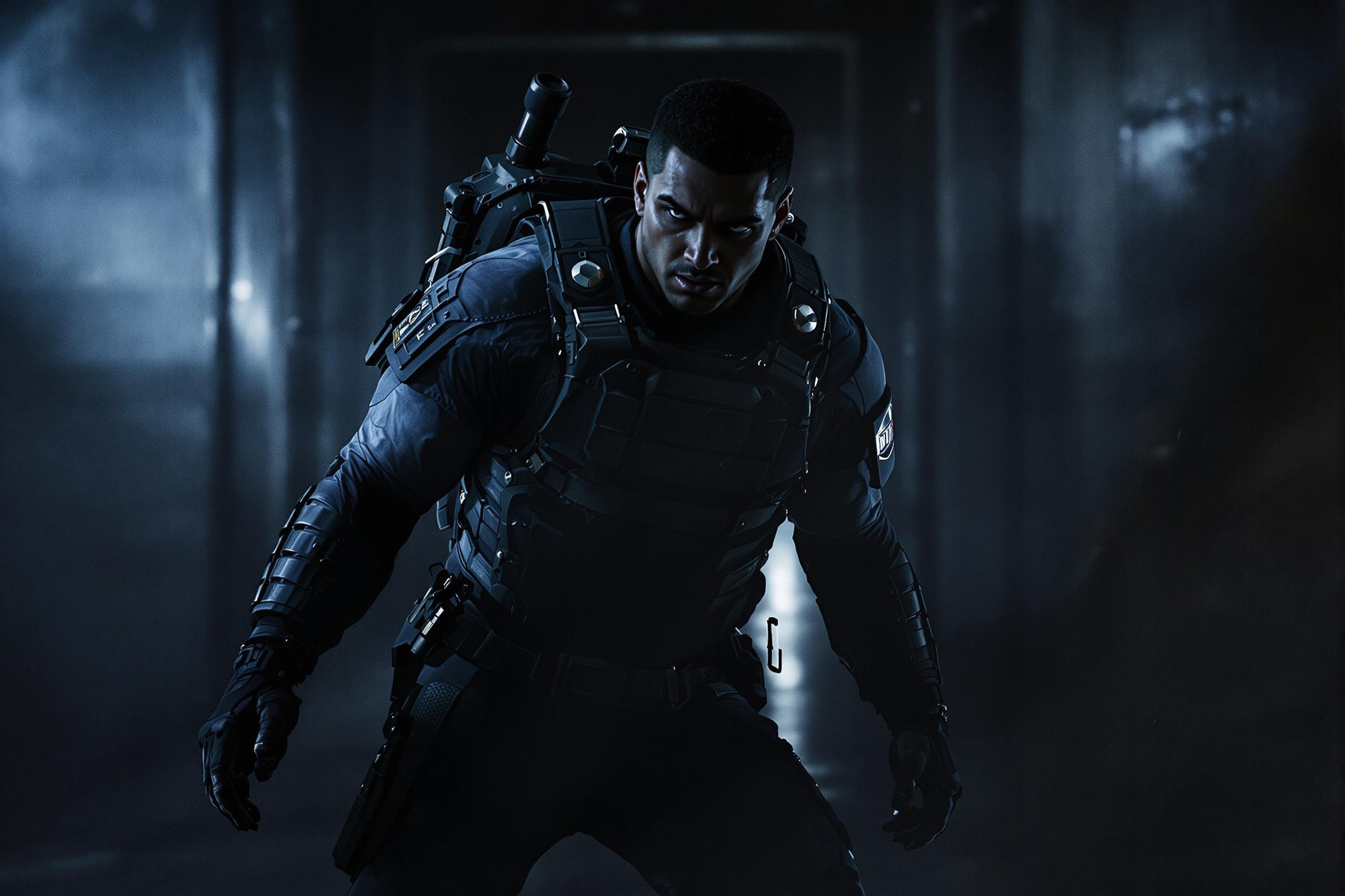 A striking character design concept of a heroic figure poised for action. The character is depicted in a dramatic stance, wearing a modern tactical outfit. The background features a gritty urban environment with dramatic shadows and highlights, creating a sense of tension. The lighting is moody, with a focus on the character's determined expression. The color palette includes dark blues and grays, enhancing the character's intensity. The camera angle is slightly above eye level, providing a powerful perspective.