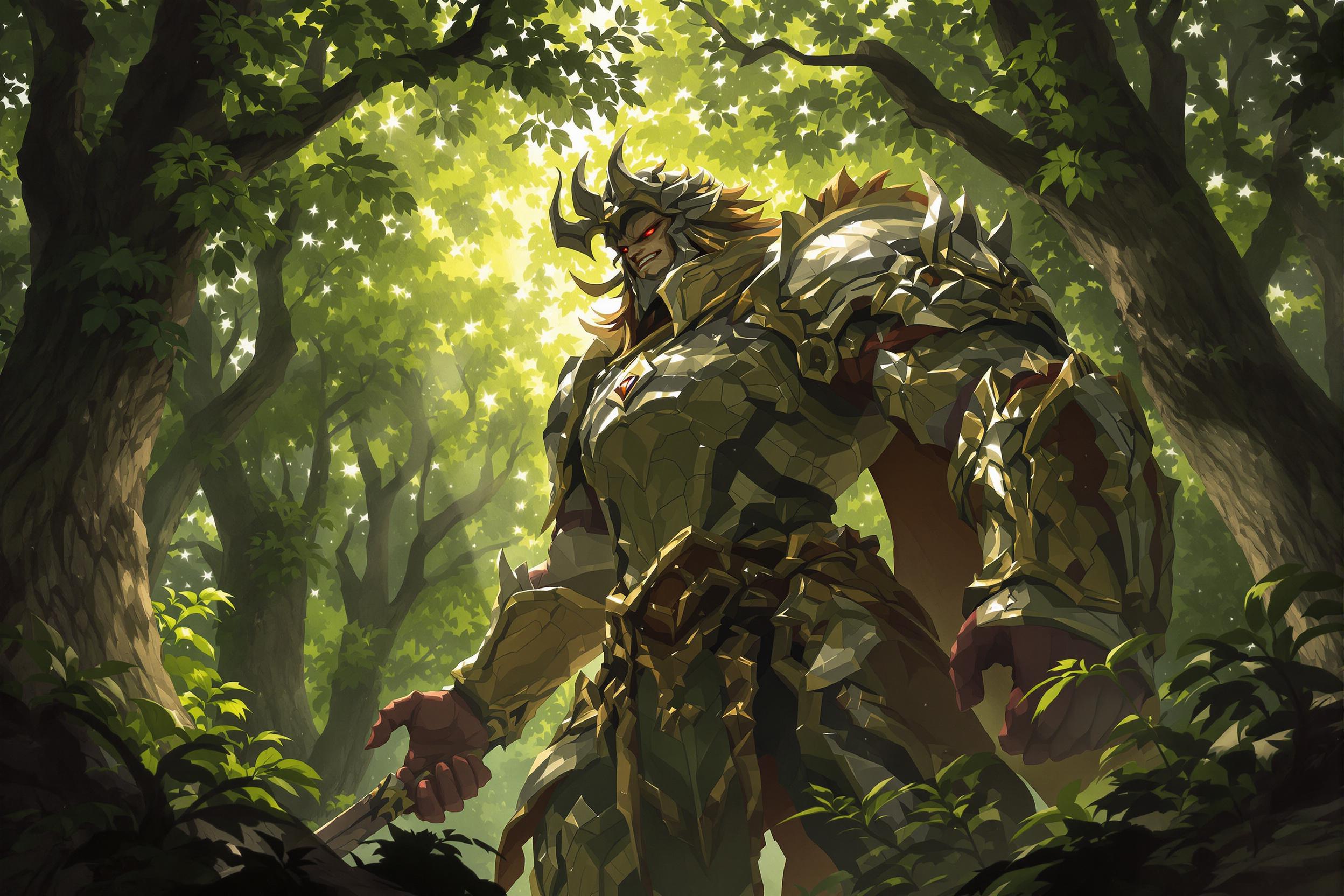 A captivating character design illustration showcasing a dynamic fantasy warrior. The character features intricate armor, a fierce expression, and a dramatic pose. The background is a mystical forest with soft, dappled sunlight filtering through the trees, creating an enchanting atmosphere. The color palette includes rich greens and earthy tones, enhancing the character's vibrant details. The camera angle captures the character from a low perspective, emphasizing their strength and presence.