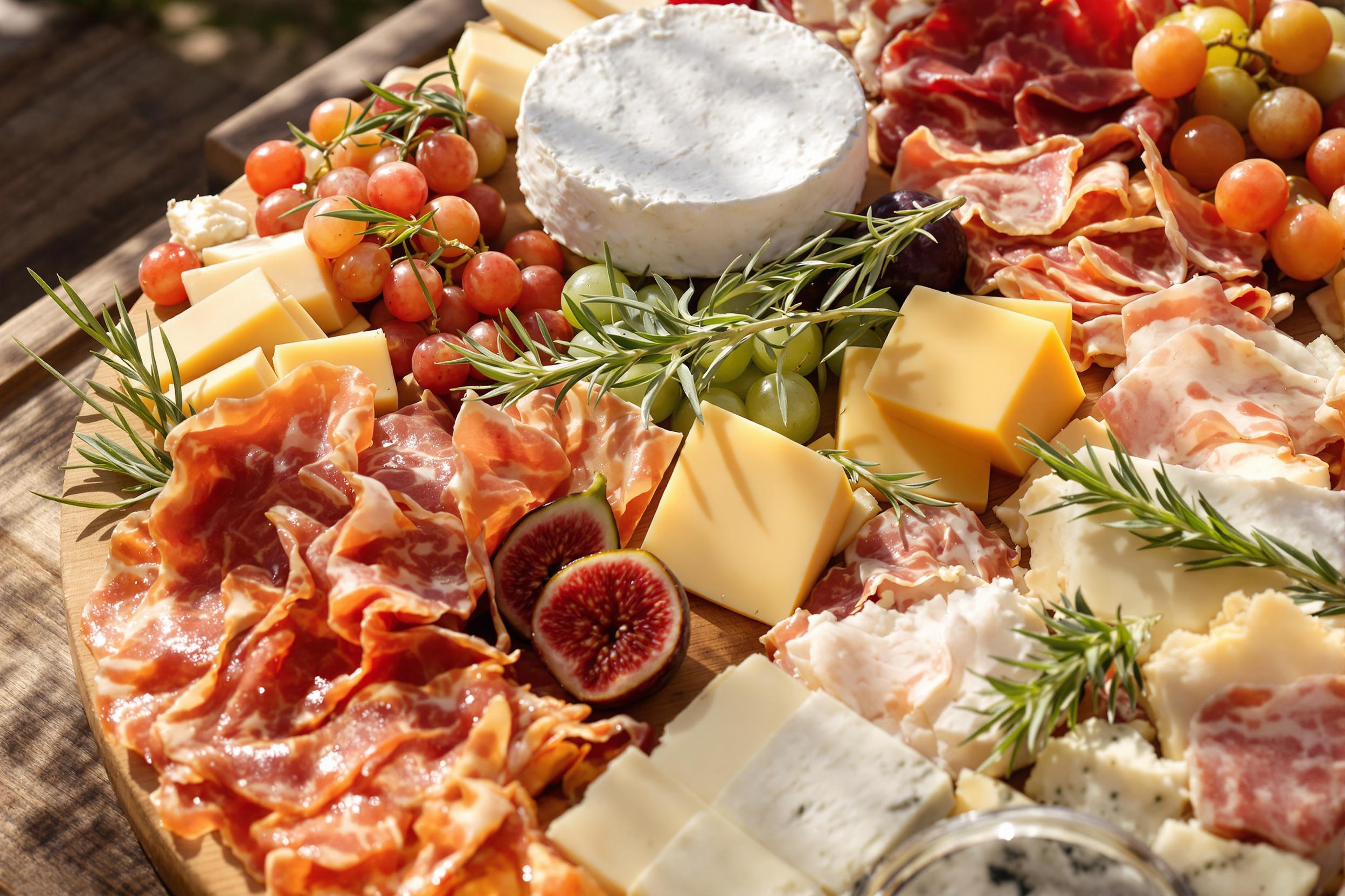 A close-up view of an artisan cheese and charcuterie board showcases an array of gourmet selections arranged on a rustic wooden table. Richly textured cheeses like creamy Brie and aged cheddar sit alongside slices of spicy salami and prosciutto. Fresh fruits like figs and grapes add pops of color, while sprigs of rosemary provide aromatic accents. Warm afternoon sunlight casts gentle shadows, enhancing the depth and beauty of the arrangement.