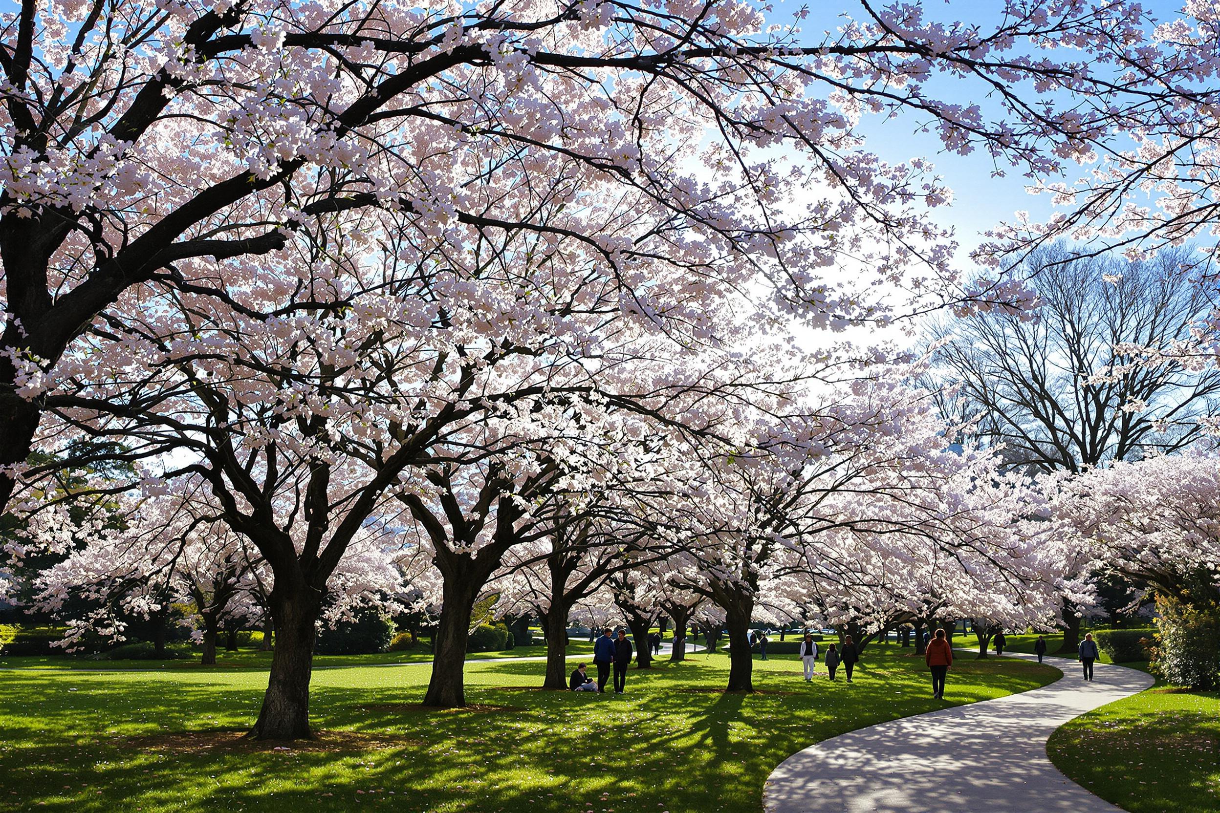 An enchanting city park scene emerges on a cool morning as cherry blossom trees burst into bloom. Pale pink flowers form delicate canopies, gently swaying in the soft breeze. Sunlight filters through the branches, casting playful shadows on the grass below. A winding path meanders through the park, inviting visitors to explore its beauty amidst a backdrop of blue skies.