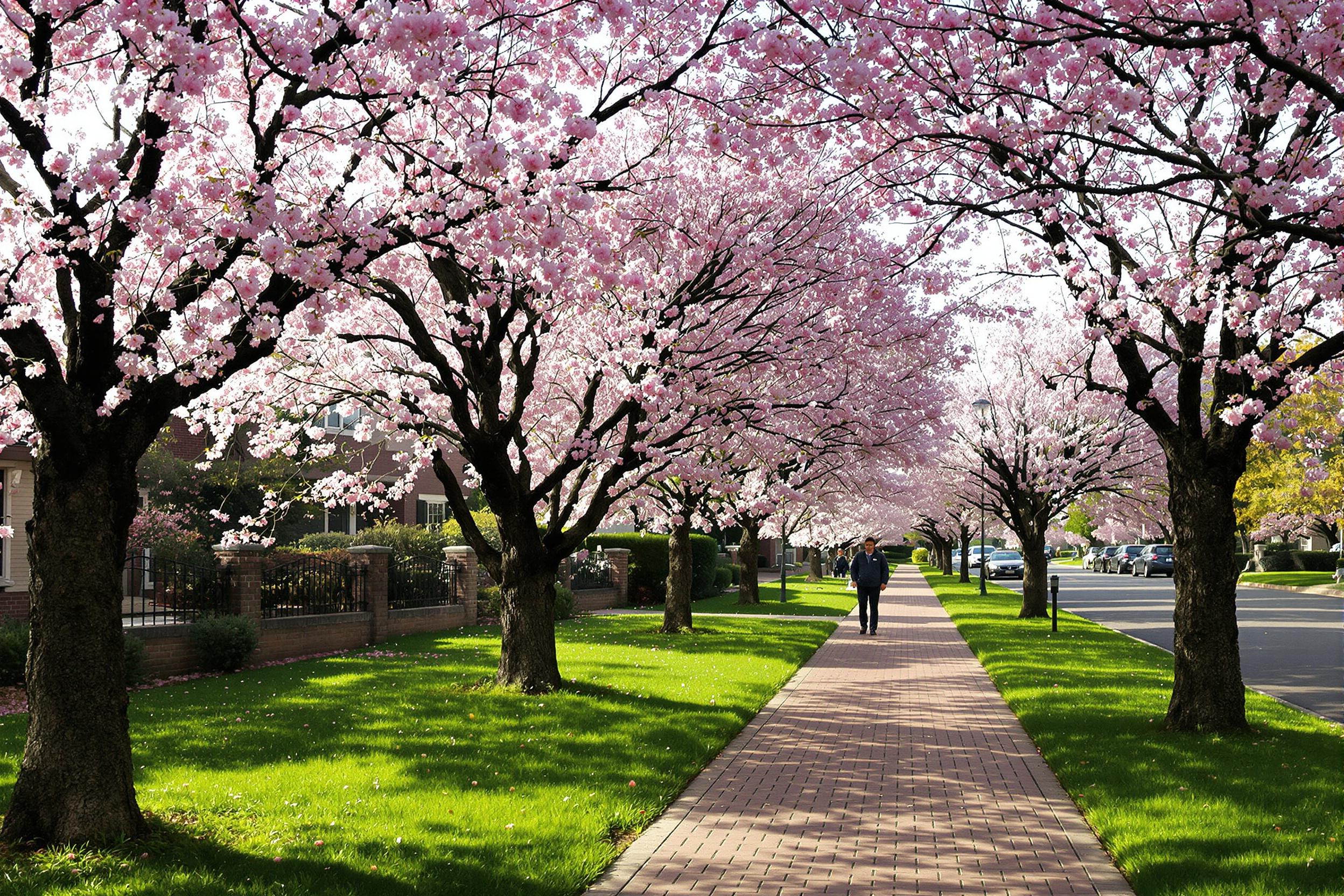 A tranquil residential street is adorned with cherry blossom trees in full bloom, their delicate pink petals creating a soft canopy overhead. Early morning light filters through the blossoms, casting gentle shadows on the brick pathway below. Lush green grass borders the walk, while birds flit among the branches, enhancing the peaceful atmosphere.