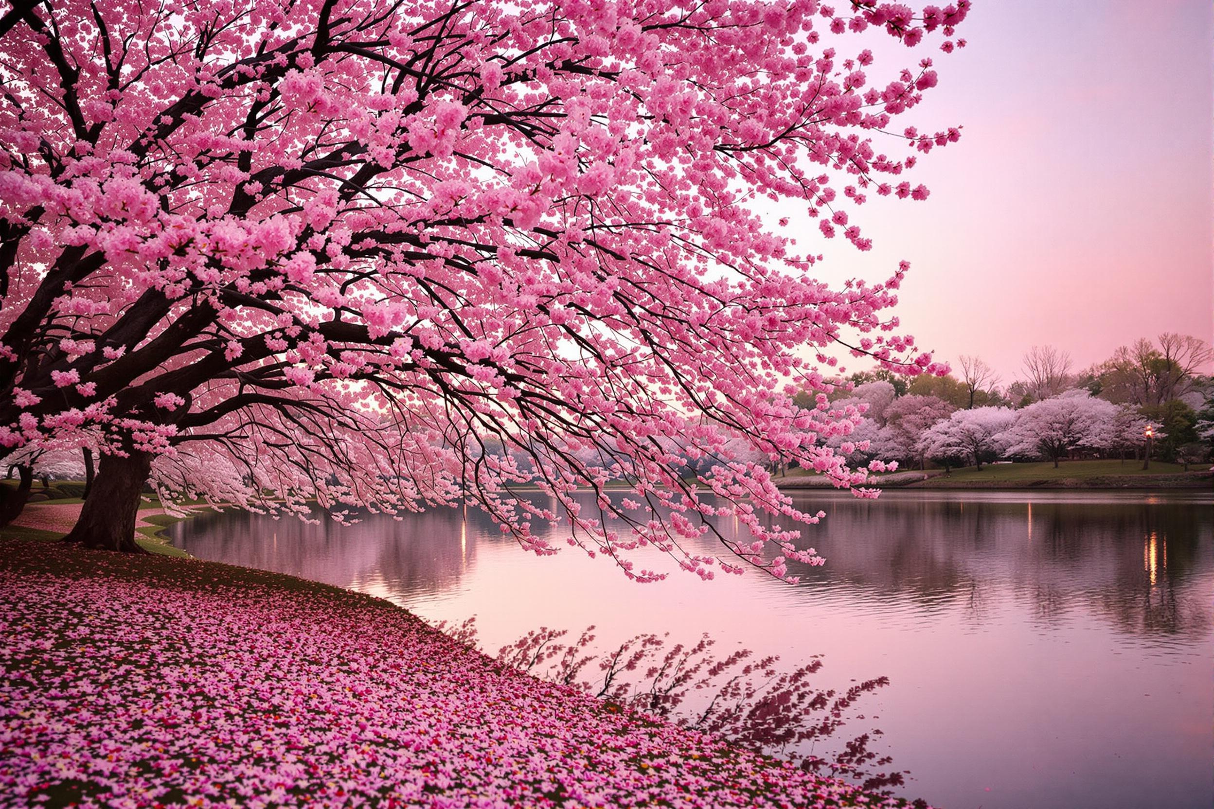 A sprawling cherry blossom tree dominates a serene lakeside scene under soft evening light. Petals dust the ground and ripple gently on the water's surface below. The stillness of the lake mirrors the branches adorned with vivid pink flowers, creating a perfect reflection. Warm hues transition to cool tones in the sky, amplifying the tranquil ambiance.