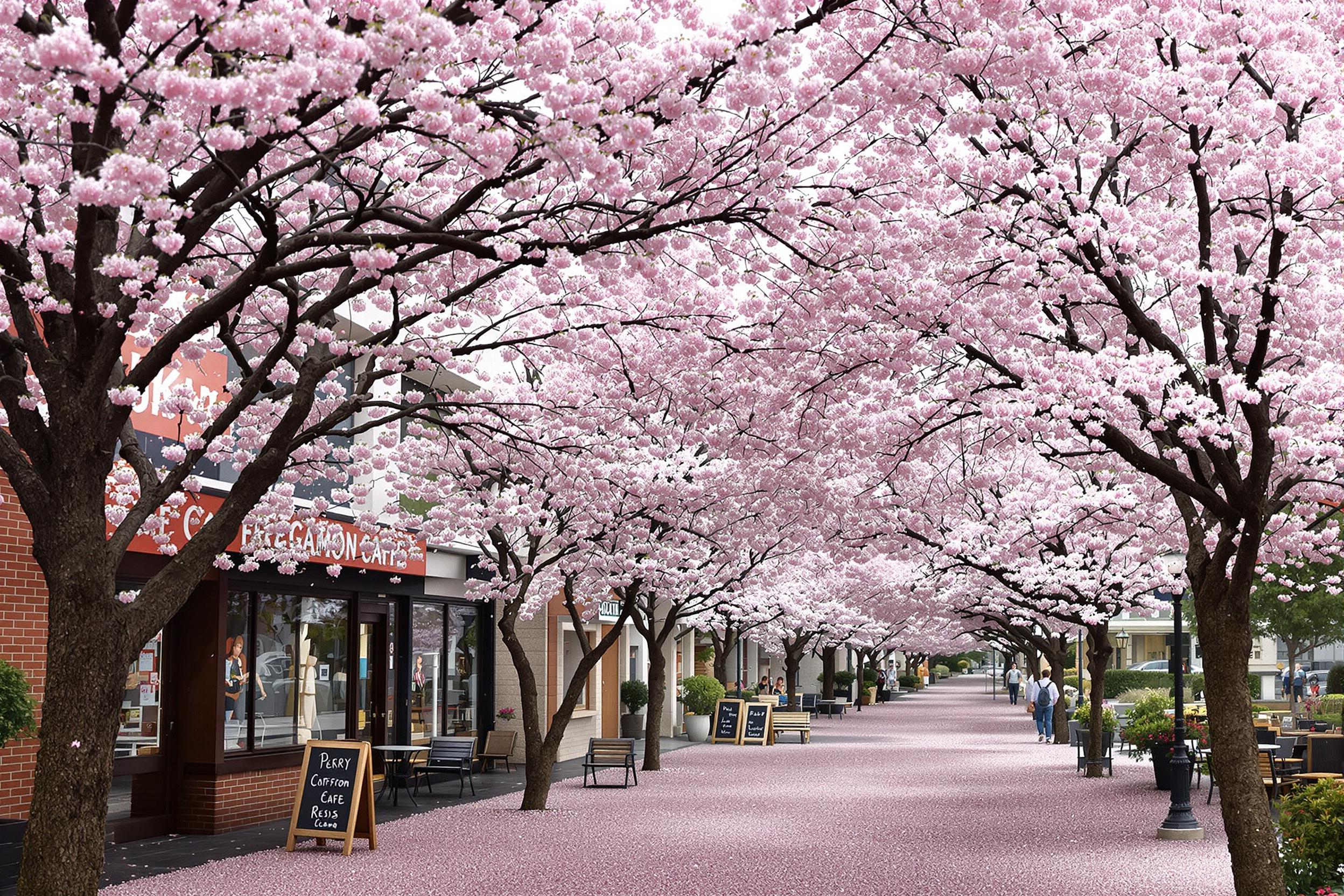 A charming street is enveloped by the delicate pink blooms of cherry blossom trees in full bloom. Soft petals drift gently to the ground, creating a carpet of pink beneath. Sidewalk cafés line the street, their outdoor seating inviting visitors to soak in the beauty of spring. Modern buildings peek through the blossoms, creating a delightful urban backdrop.