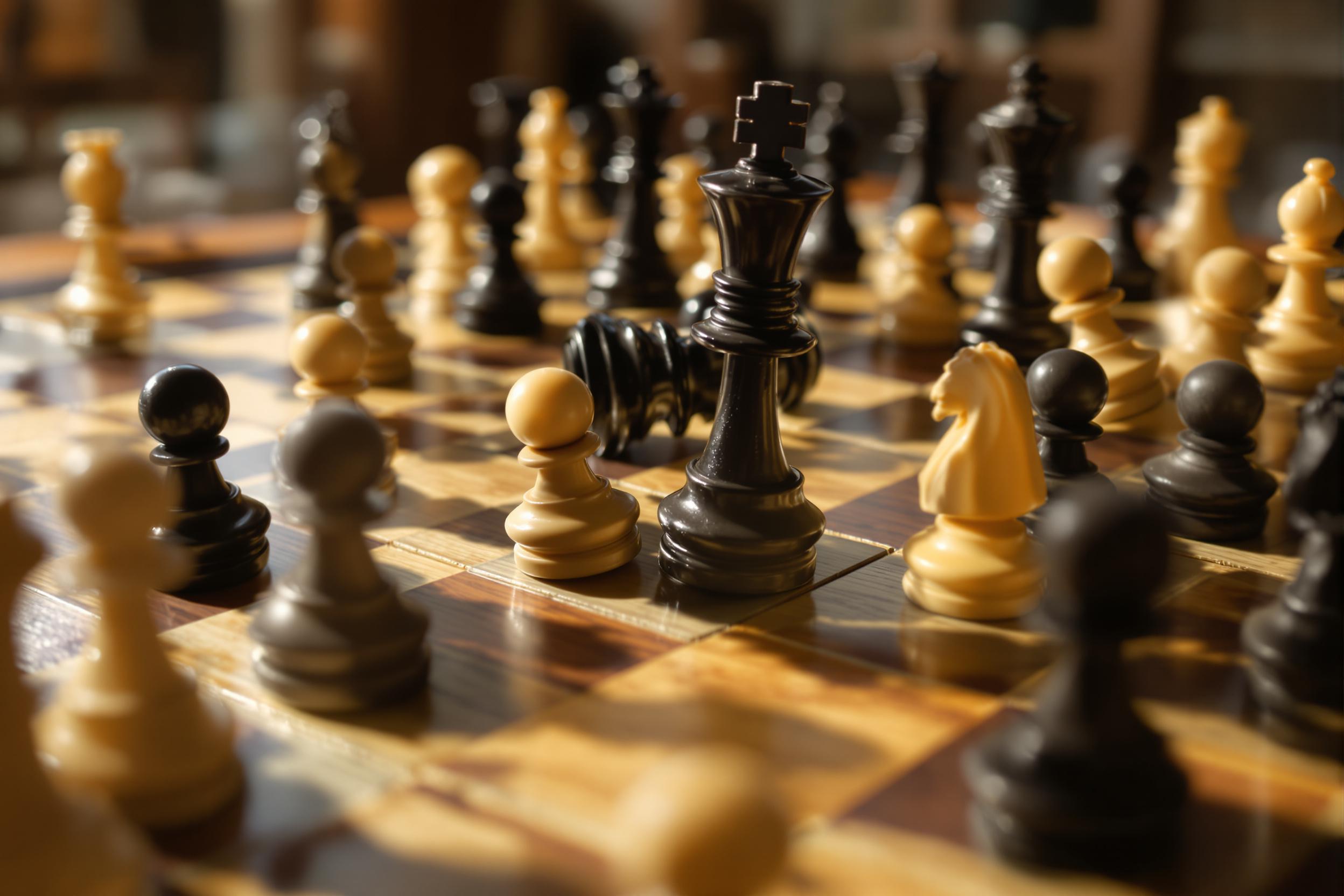 A macro shot of a chessboard mid-game highlights a dramatic battle between polished ebony and ivory pieces. Fine details reveal the textured grains of the aged oak board. Warm, soft sunlight filters through a window, casting faint shadows across the scene, while selective focus draws attention to the toppled black king amid scattered pawns.