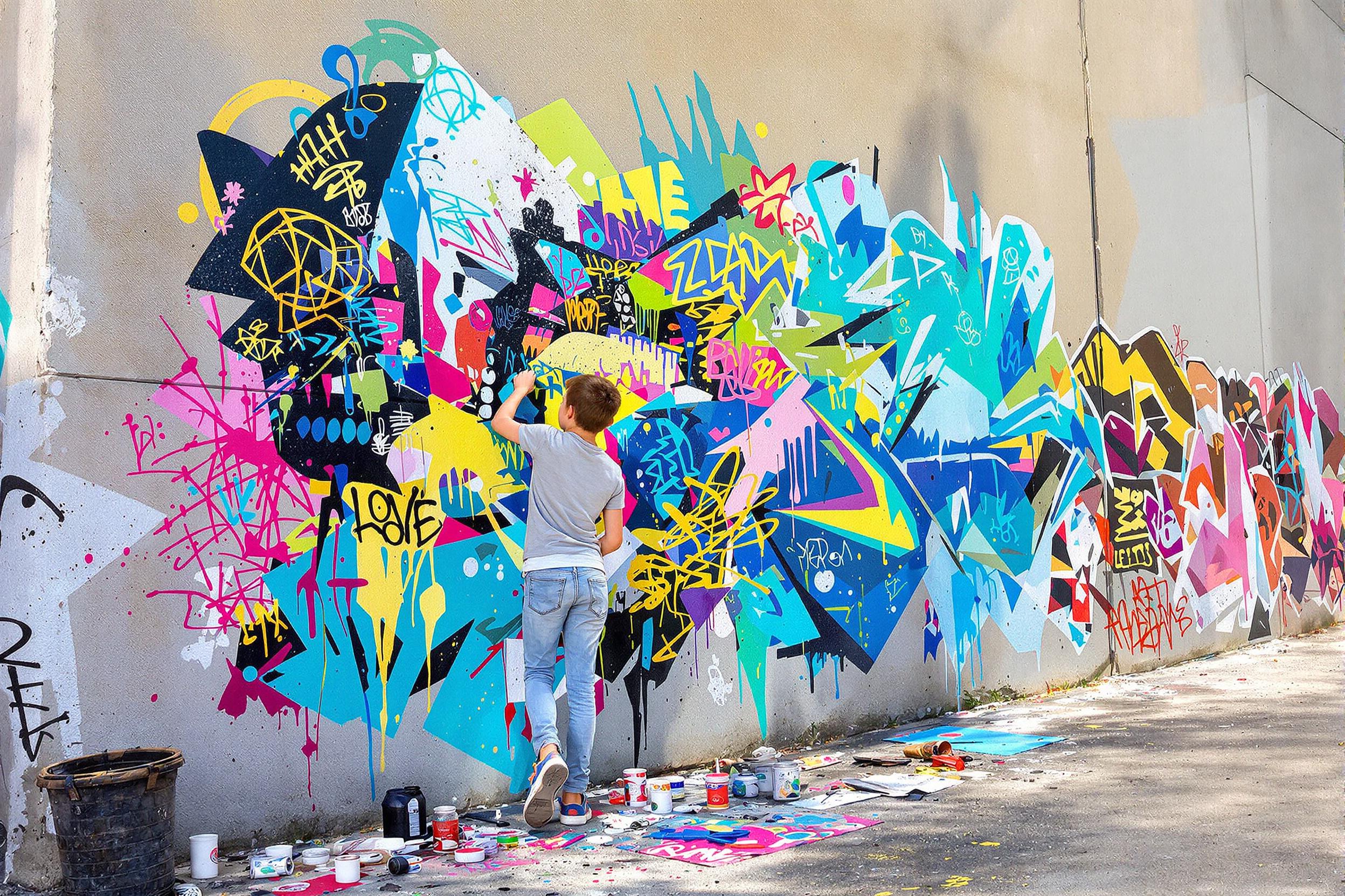 A child stands in front of a large concrete wall, enthusiastically painting a colorful mural using vibrant acrylics. The bright late afternoon sun casts gentle shadows, highlighting the artist's focused expression. Around them, the urban backdrop features layered textures and graffiti art, creating an eclectic atmosphere. Splashes of color and paint pots scattered nearby add to the creativity of the scene.