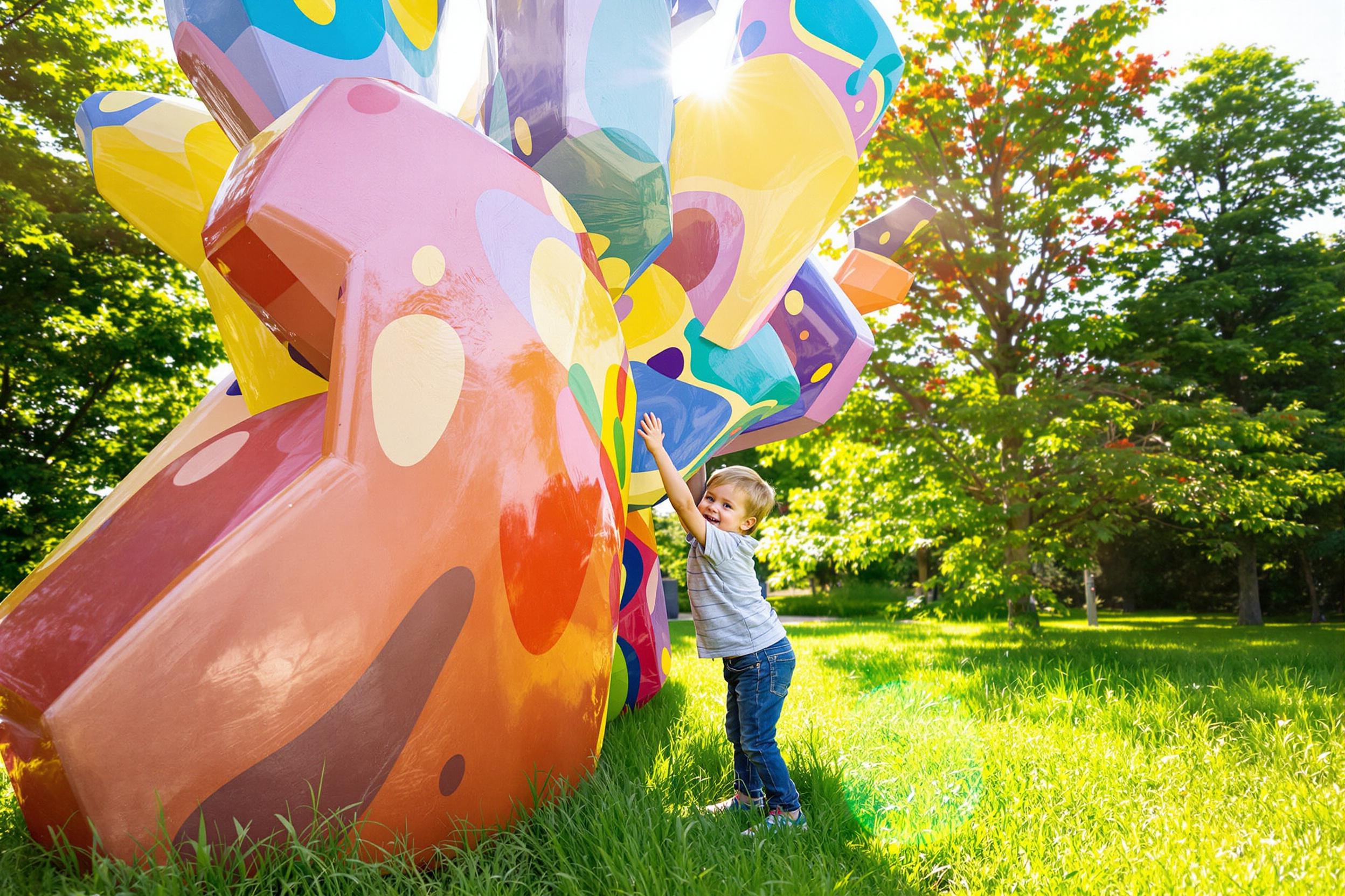 A child joyfully explores a vibrant, oversized outdoor sculpture within a sunlit park. The sculpture, painted in a kaleidoscope of colors, features dynamic shapes that invite interaction. Bright rays of late afternoon sunlight illuminate the scene, enhancing the playful atmosphere as the child reaches out to touch the vivid forms. Soft greens of grass and trees create a lively backdrop, fostering a sense of wonder.