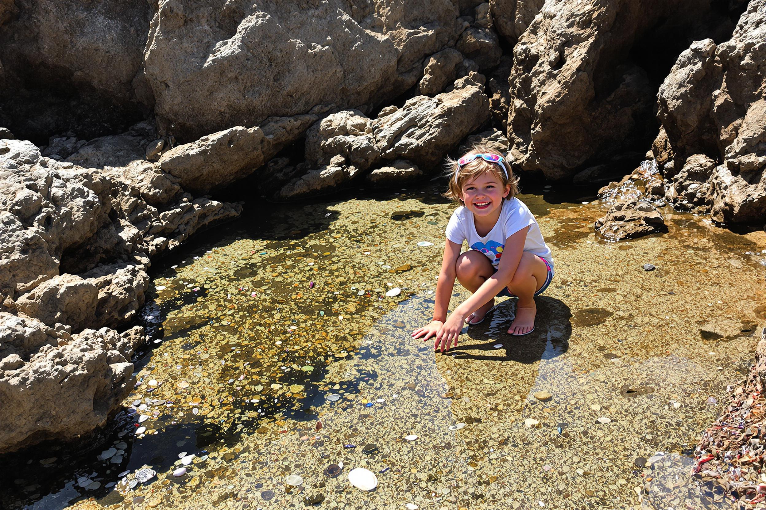 A young child crouches beside a shallow tide pool on a rocky beach, delighting in the small creatures within. Sunlight sparkles on the water's surface, illuminating colorful shells and marine life. The rugged coastline surrounds the pool, with jagged rocks and soft sand creating a natural border. The child's face expresses wonder, encapsulating a sense of discovery and joy at nature's wonders.