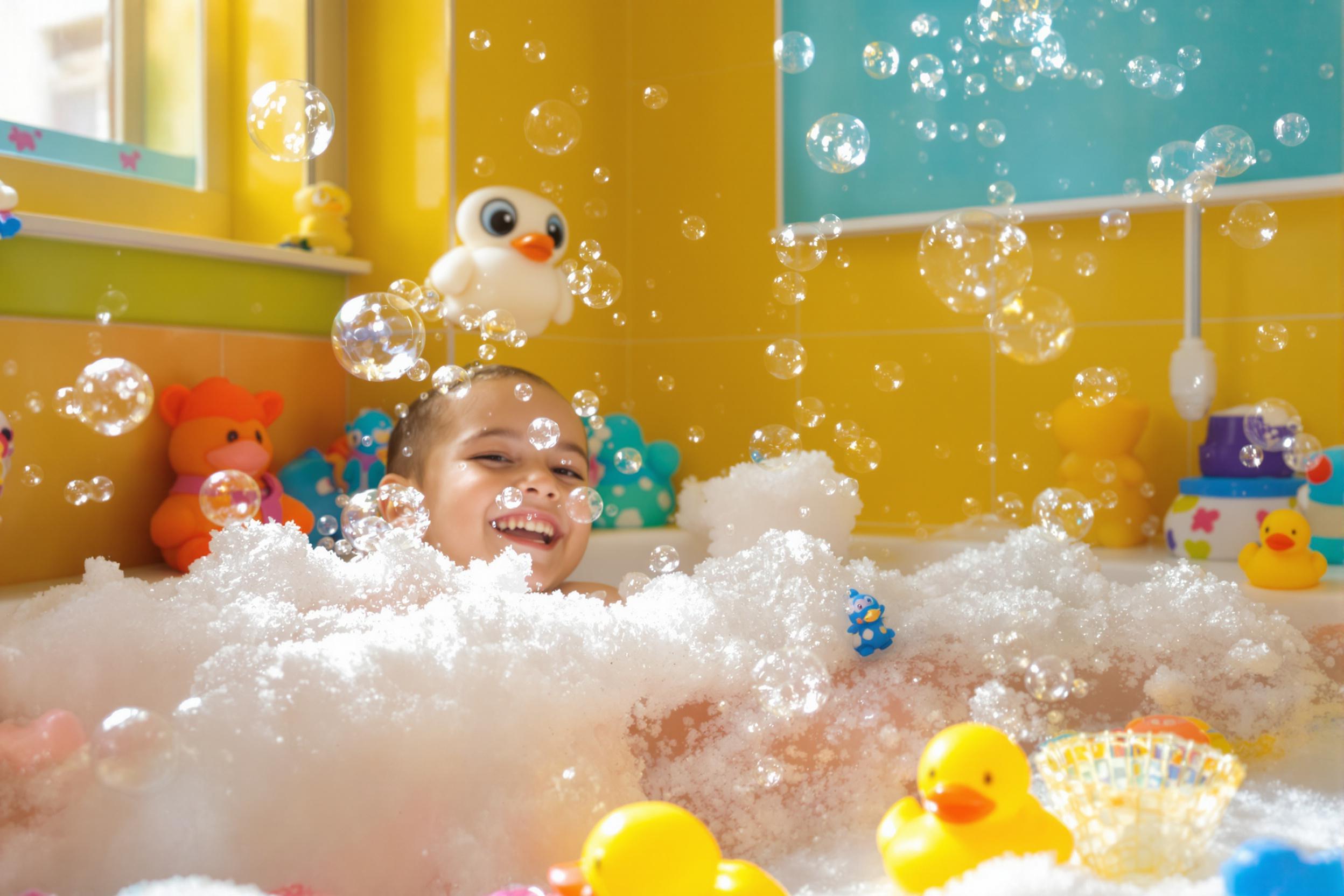 A gleeful child enjoys a bubble bath in a brightly colored bathroom. The scene focuses on their radiant smile as soap bubbles float around, creating a playful atmosphere. Sunlight streams through a nearby window, illuminating fluffy white bubbles and vibrant rubber duckies scattered among bath toys. The cheerful decor enhances the joy of this delightful moment.