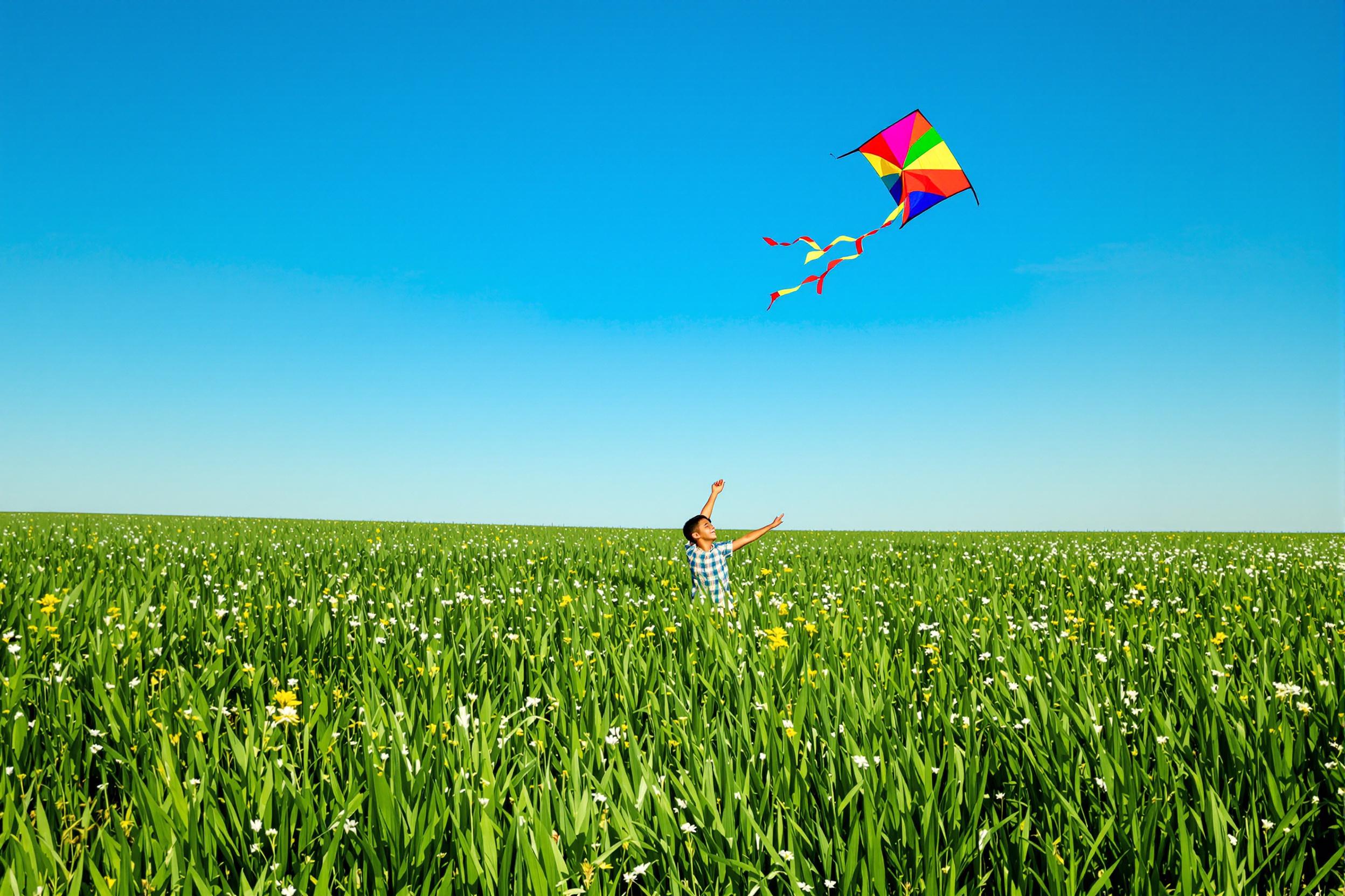 A young boy joyfully flies a vibrant kite in an expansive grassy field, his laughter echoing in the open air. The colorful kite dances playfully against a brilliant blue sky, its tails fluttering in the gentle breeze. Surrounding him, the lush green grass stretches in all directions, accented by patches of wildflowers that add delicate specks of color to this carefree scene.