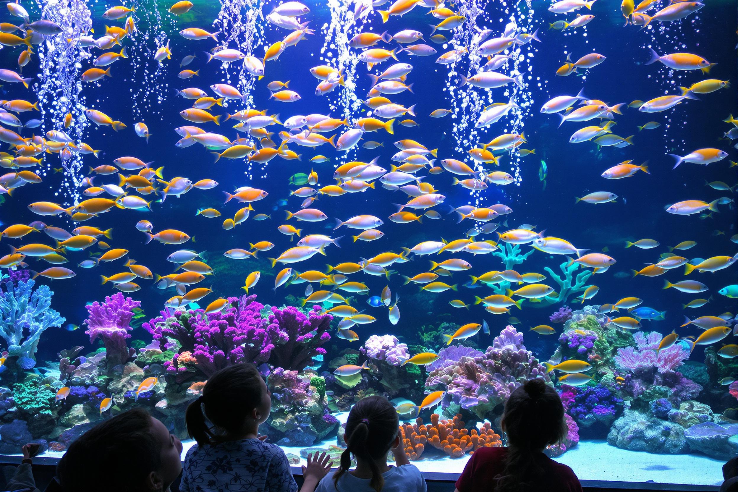 Children gaze in wonder at a large aquarium tank filled with vibrant, swirling fish. The scene captures their joyful faces illuminated by bright interior lights while bubbles rise from below. Colorful coral decorates the tank, adding splashes of color, while glimpses of other curious sea creatures peek through the translucent water.