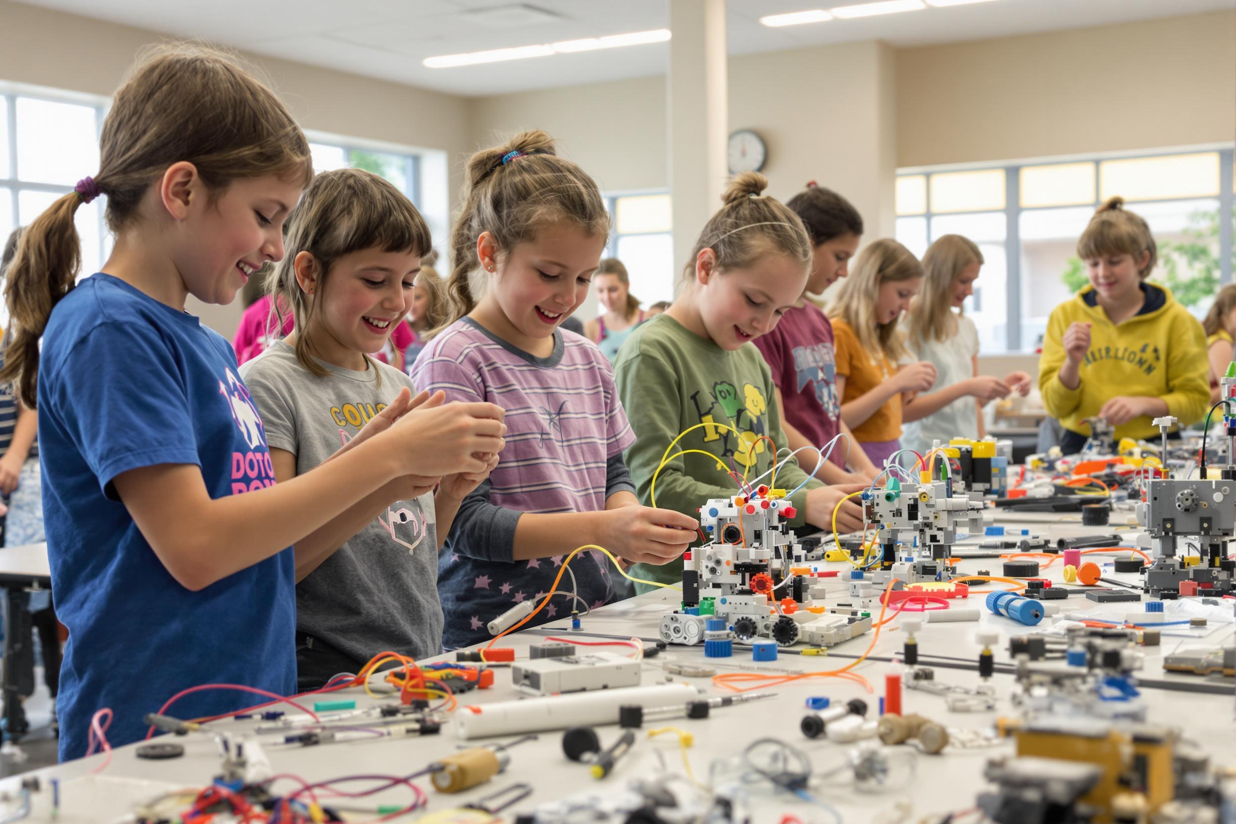 Energetic children gather in a brightly lit classroom, excitedly assembling robots from spare parts. Tables are strewn with tools, gears, and wires, showcasing various stages of construction. Natural light floods the room through large windows, highlighting focused expressions as they collaborate on their innovative projects.