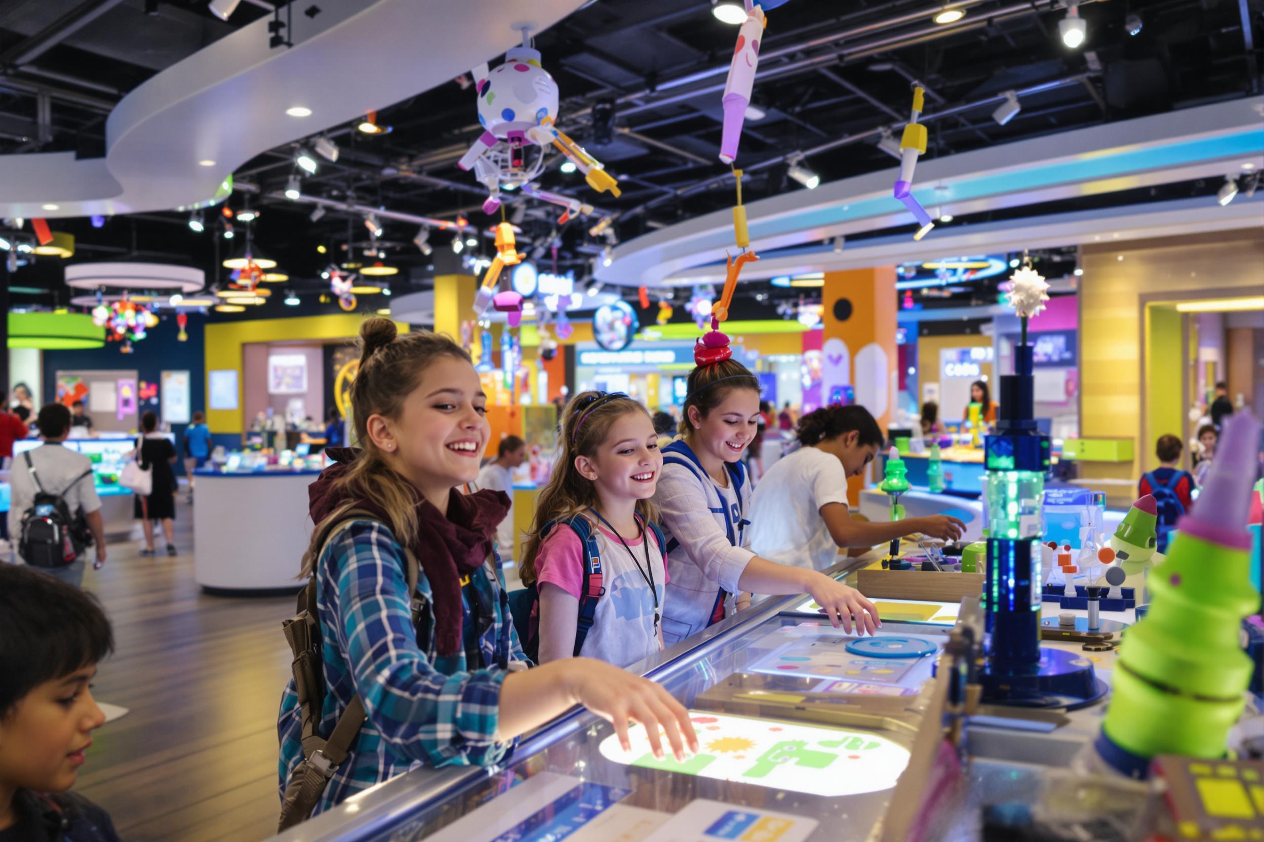 A lively scene unfolds in a bright, modern science museum where children eagerly explore interactive exhibits. Their faces express joy and wonder as they engage with colorful displays. Surrounding them, hands-on activities invite curiosity, while playful lighting enhances the sense of excitement and learning. The vibrant environment fosters a love for discovery.