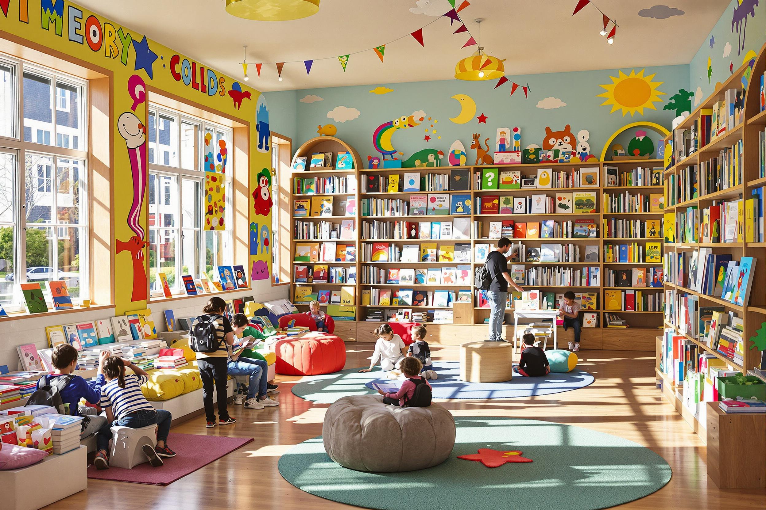 A whimsical children’s library bursts with color as children explore shelves brimming with illustrated books. Sunlight streams through large windows, casting cheerful patterns on the wooden floor. Parents assist eager readers, while soft rugs create cozy reading nooks. Colorful artwork adorns the walls, enhancing the imaginative atmosphere.