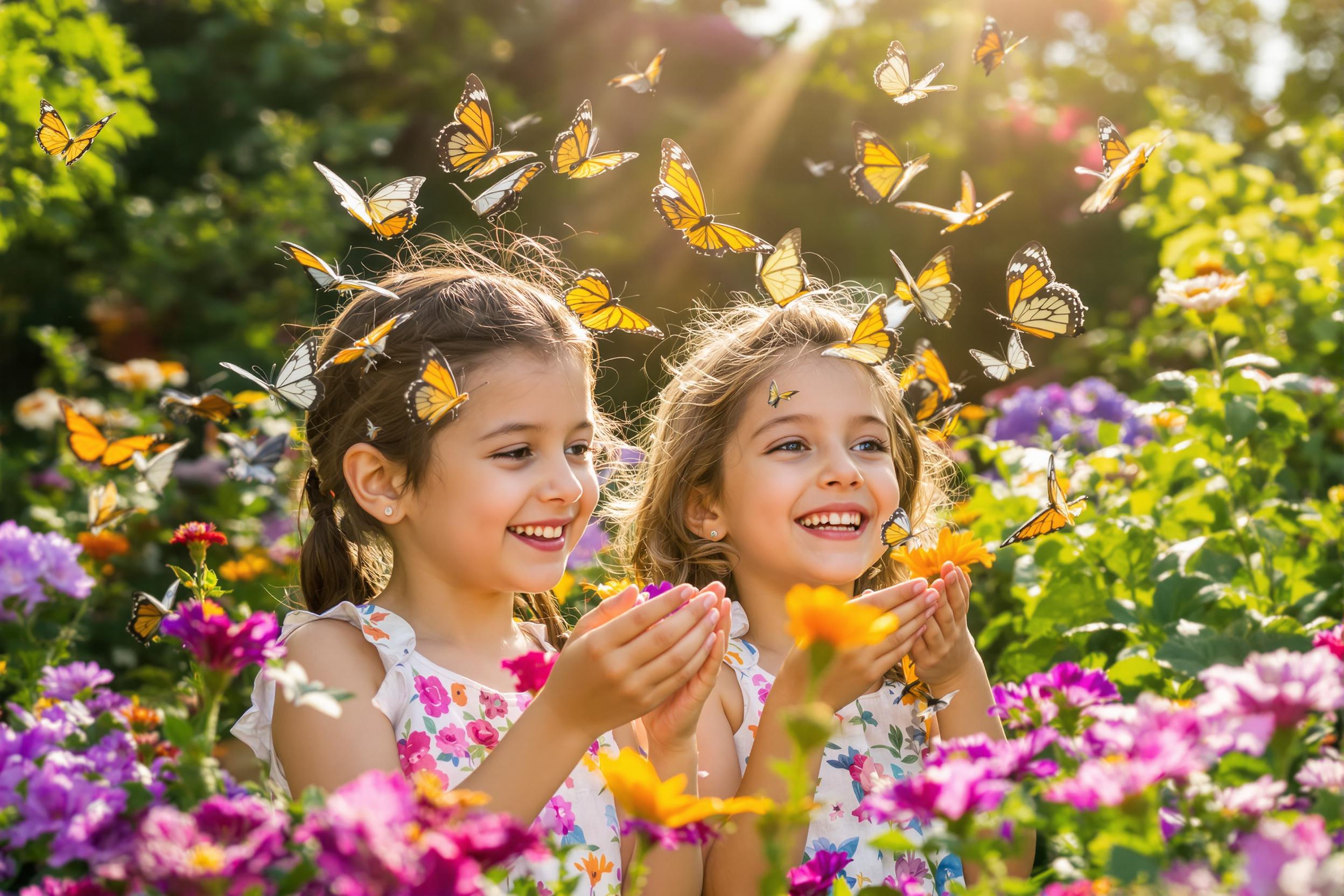 Two young children marvel at colorful butterflies flitting around them in a lush garden. The late morning sun casts bright rays, highlighting the vivid patterns on butterfly wings and the children's joyful expressions. Flowers in various hues surround them, while gentle greenery forms a soft backdrop, enhancing the magical feel of the moment.