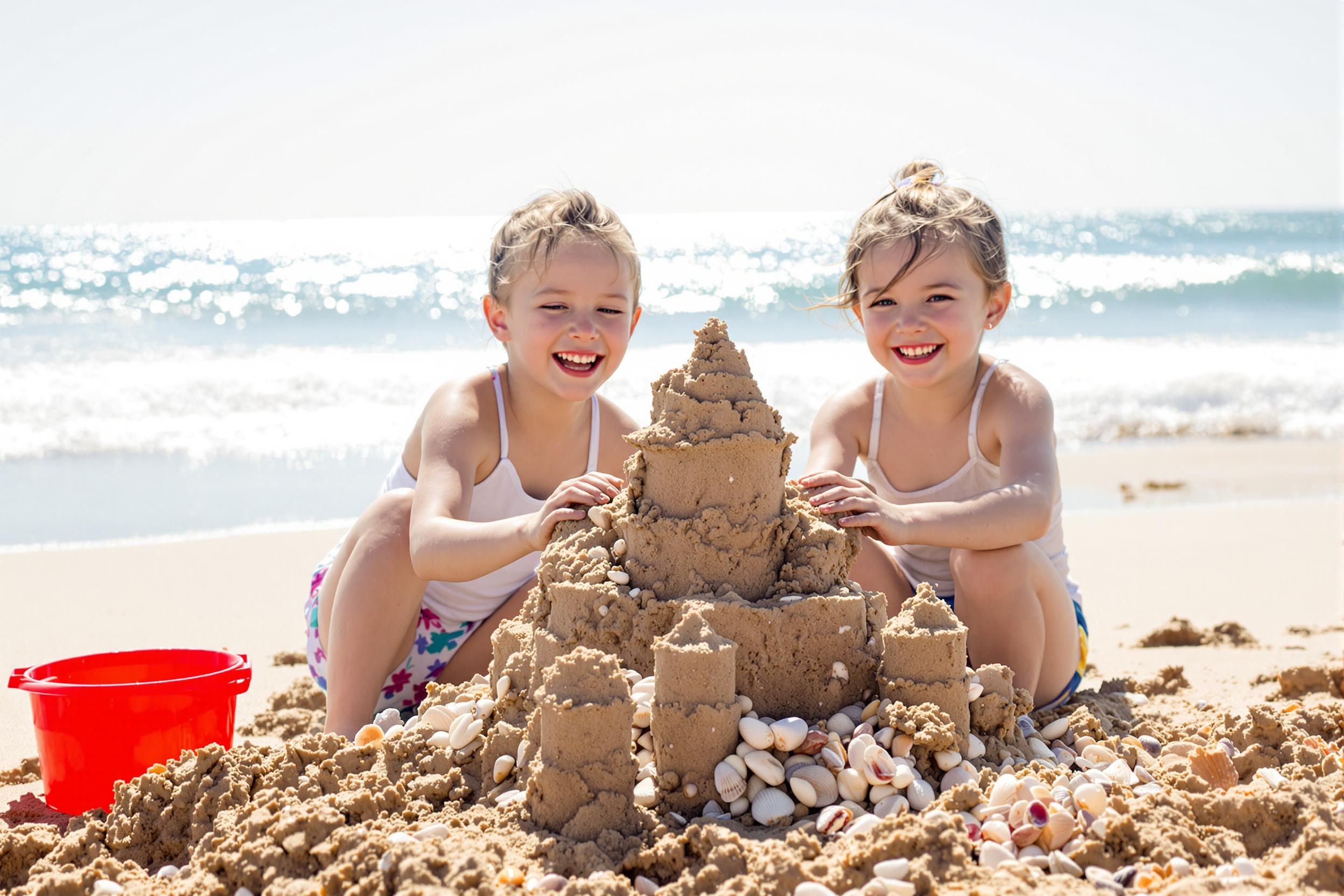 Two children enthusiastically build a sandcastle at the beach under bright, clear skies. One child molds wet sand with a red bucket while the other decorates with seashells collected along the shore. Sunlight sparkles on the waves in the background, highlighting their joyful expressions and sandy hands. The scene captures the essence of childhood creativity and summer fun.