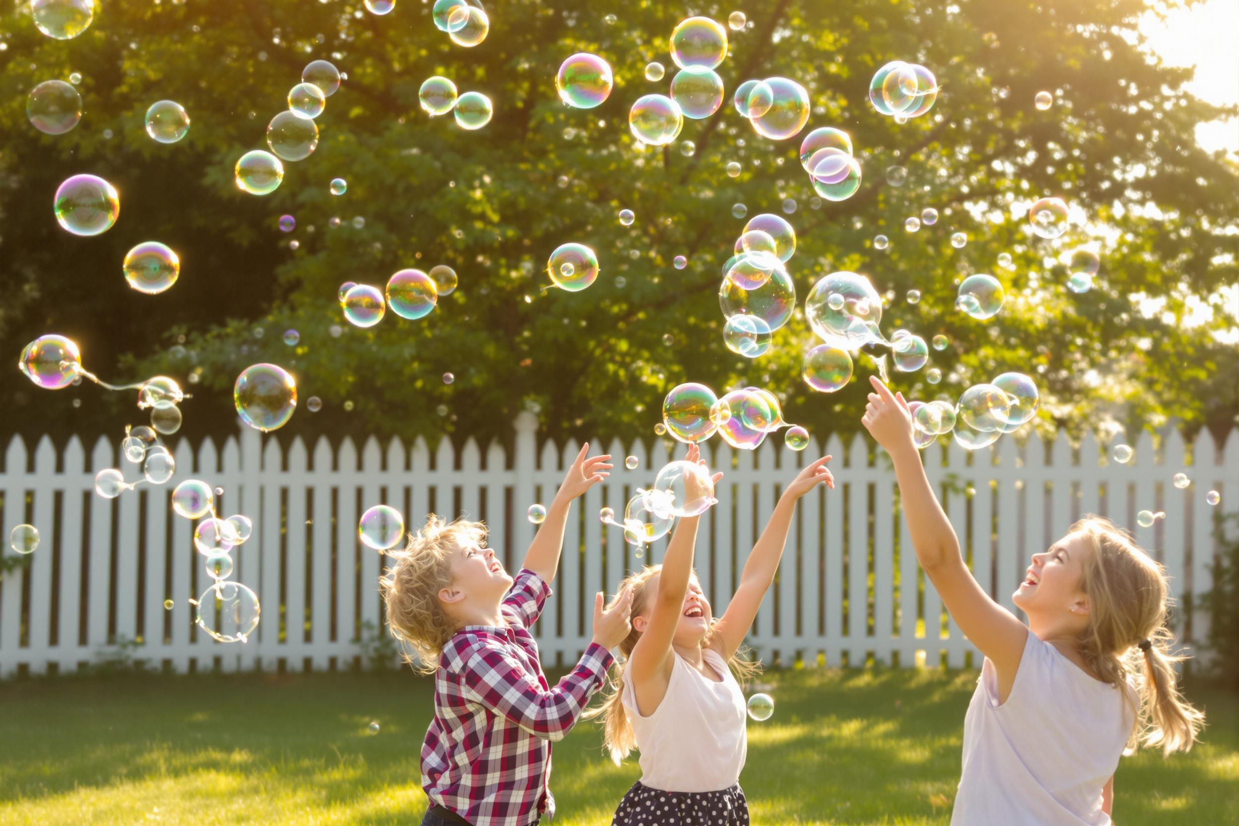 Children delight in an afternoon in a sunlit backyard, chasing giant bubbles floating through the air. The scene captures their joyful expressions against a backdrop of lush green grass and a white picket fence. Warm golden sunlight bathes the space, enhancing the whimsical atmosphere as bubbles break free into the sky, creating an enchanting moment.