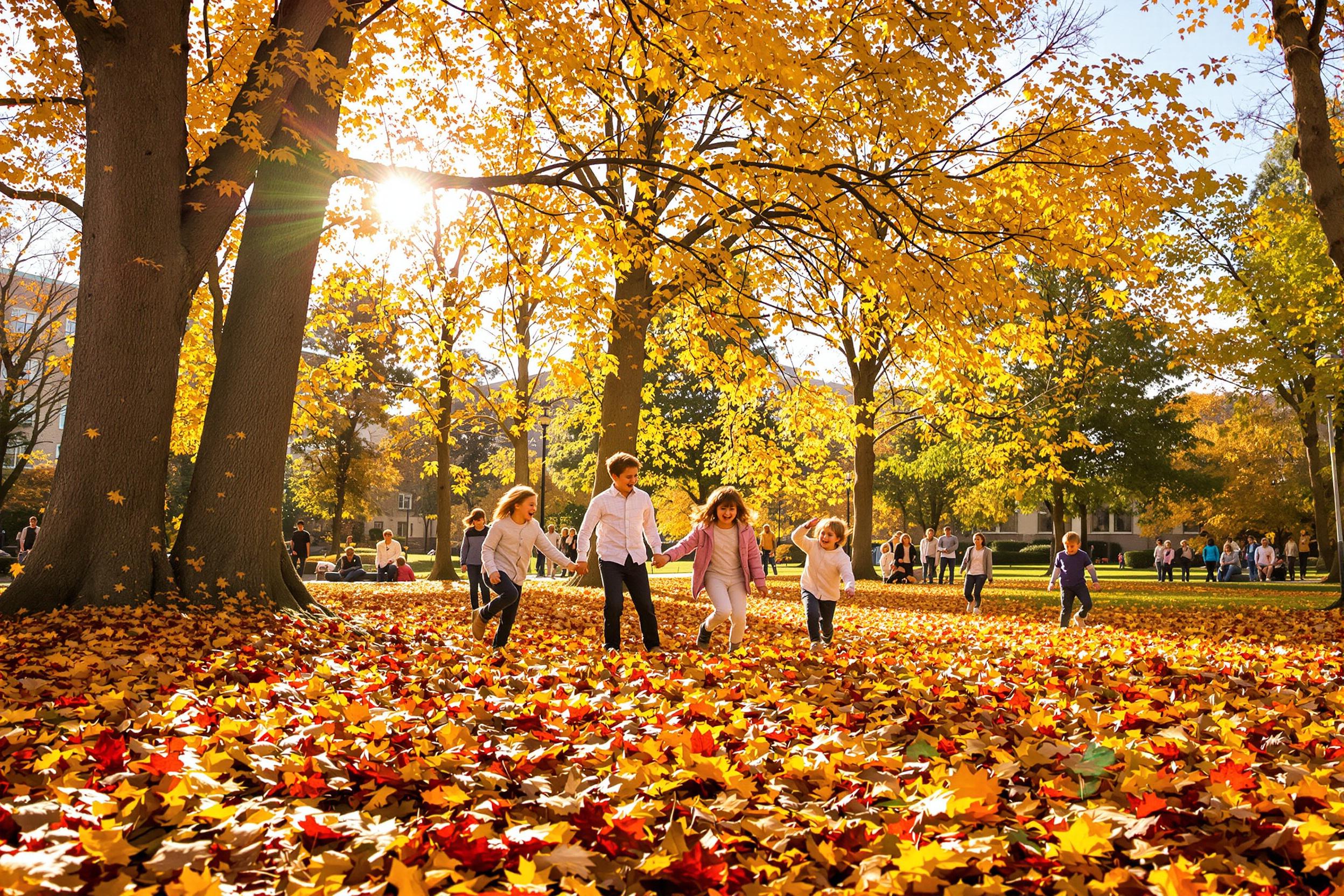 A lively urban park scene captures children playing under the warm glow of the late afternoon sun. Plush carpets of fallen leaves in shades of orange, yellow, and red blanket the ground as kids giggle, chase one another, and jump into leaf piles. Tall trees with vibrant foliage frame the activity, while hints of blue sky peek through the branches above, enhancing the cheerful atmosphere.