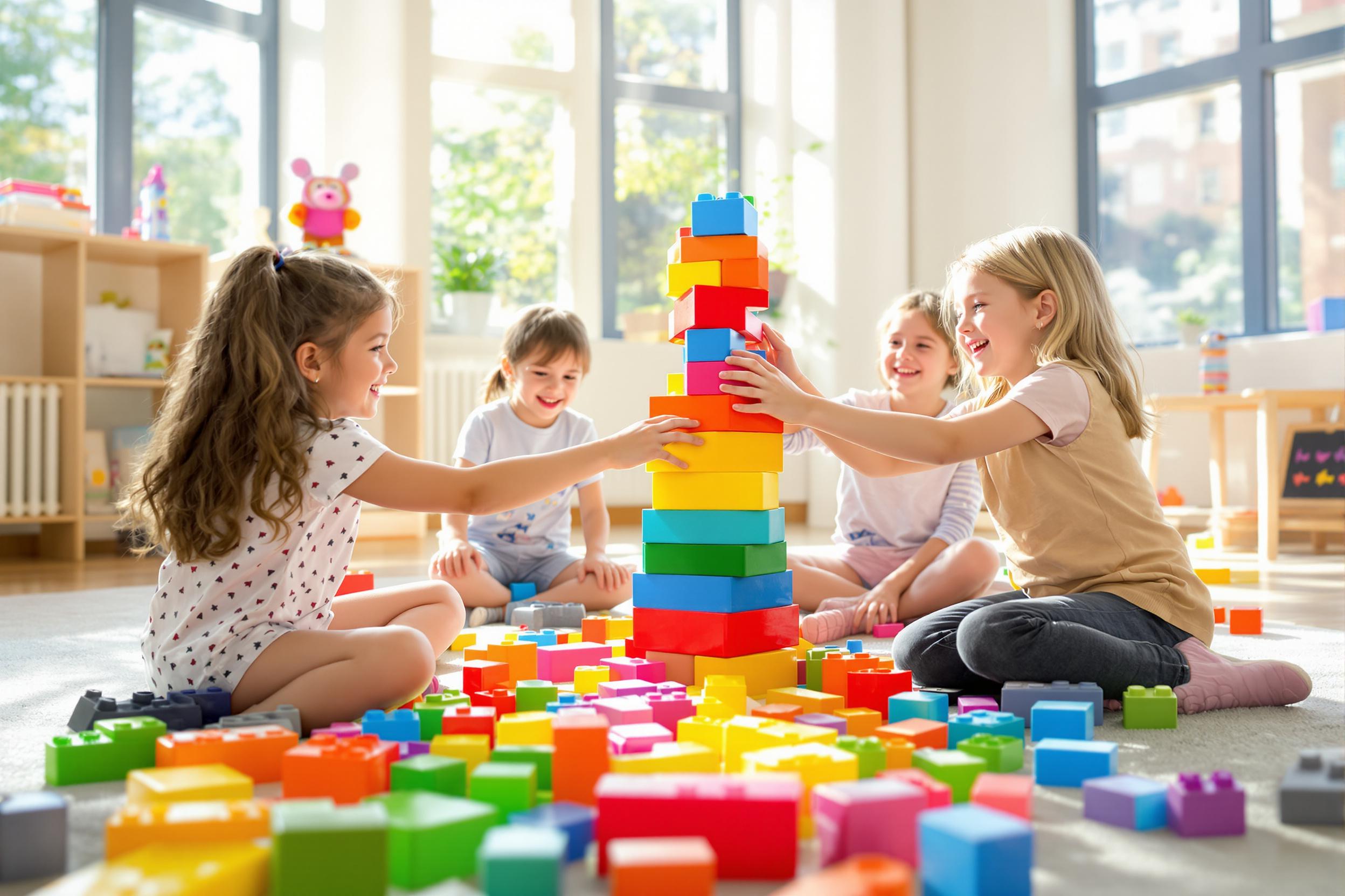 A cheerful scene unfolds in a bright playroom as a group of children collaborates on a colorful block tower. Each child, engaged and focused, adds their piece to the structure, surrounded by an array of vividly colored blocks scattered across the soft carpet. Sunlight filters through large windows, illuminating their joyful expressions and the inviting atmosphere of creativity and teamwork.