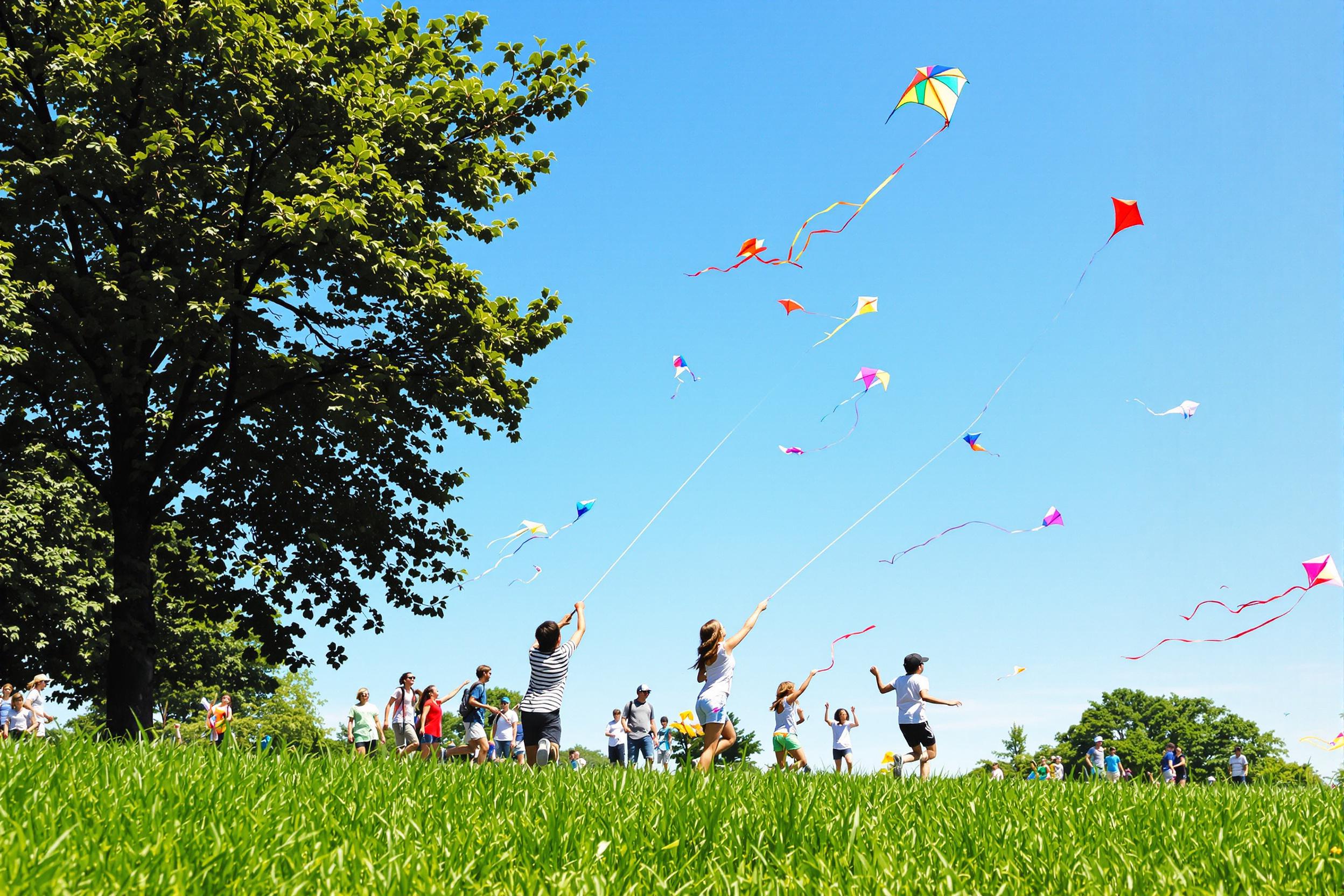 A lively scene unfolds in a sunlit park as children fly vibrant kites against a clear blue sky. Excited laughter fills the air while they run across lush green grass, holding onto colorful strings. Kites of varying shapes and colors soar high above, contrasting beautifully against the bright backdrop. Nearby trees sway gently in the breeze, enhancing the joyful atmosphere.