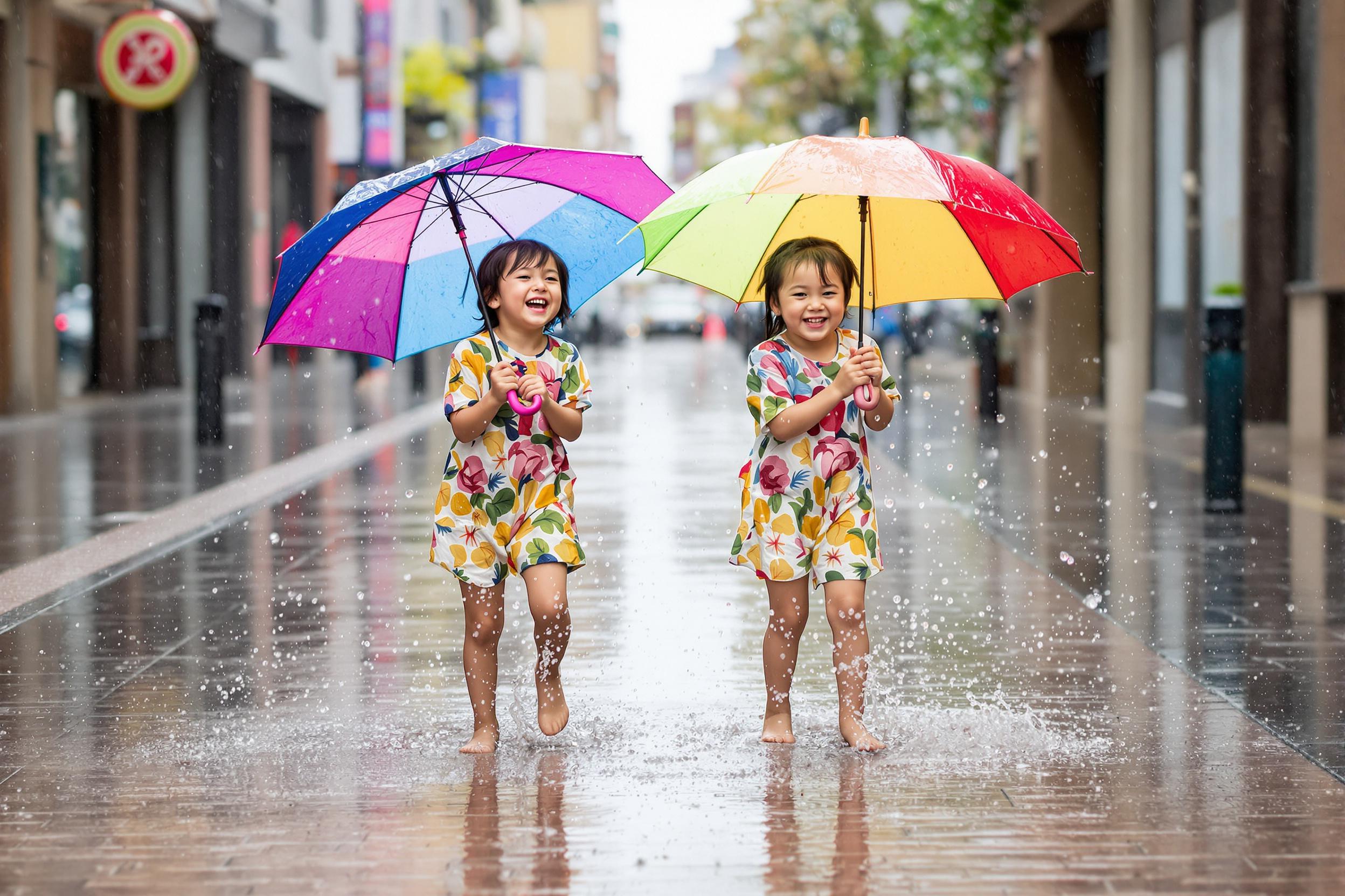 Two joyful children splash playfully in a rain puddle on a city street, their faces lit with laughter. Colorful umbrellas shield them from the soft drizzle, creating a vibrant scene against the muted cobblestones. The reflections in the water capture the bright hues of their clothing, while the surrounding urban environment blurs gently in the background, enhancing the sense of carefree fun.