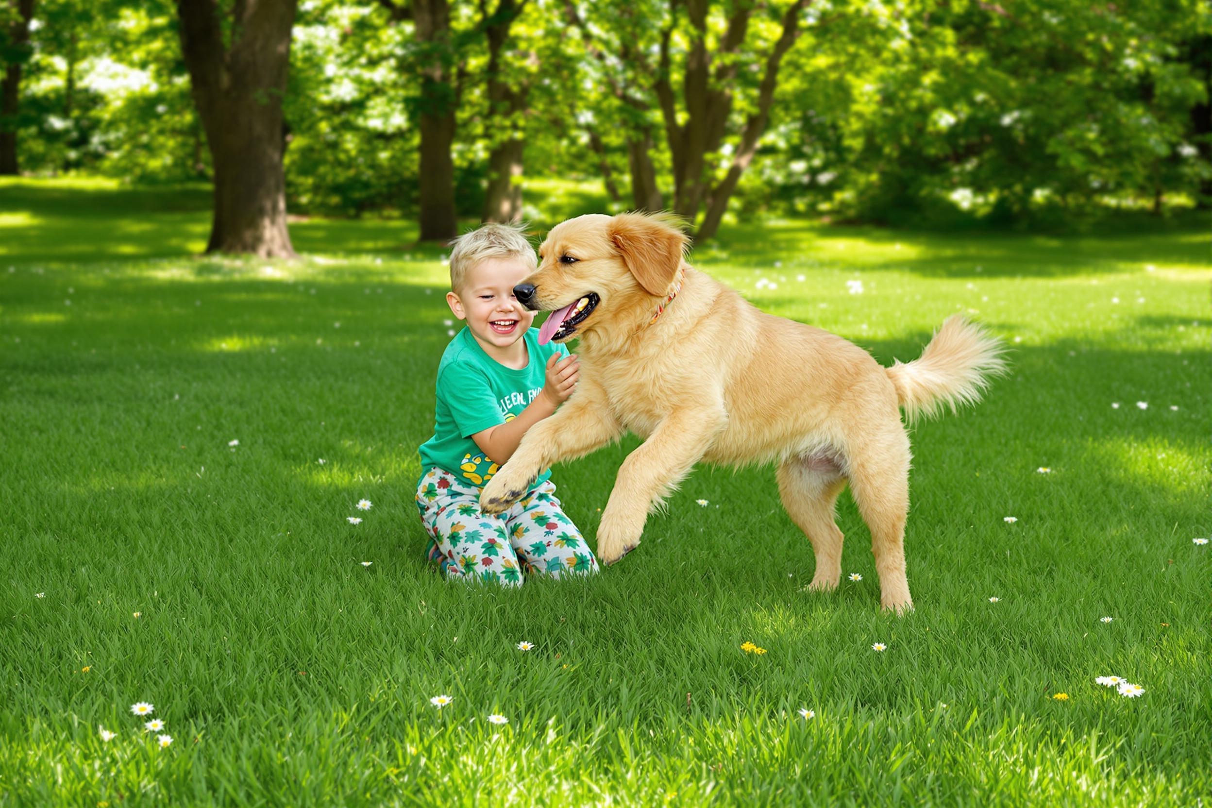 A joyful child kneels on lush green grass, playing with an enthusiastic golden retriever puppy. Their faces radiate delight as the puppy leaps playfully, ears flopping behind it. Sunlight filters through nearby trees, casting a warm glow over the scene, while a few scattered daisies dot the lawn, adding to the innocence and charm of this carefree moment.