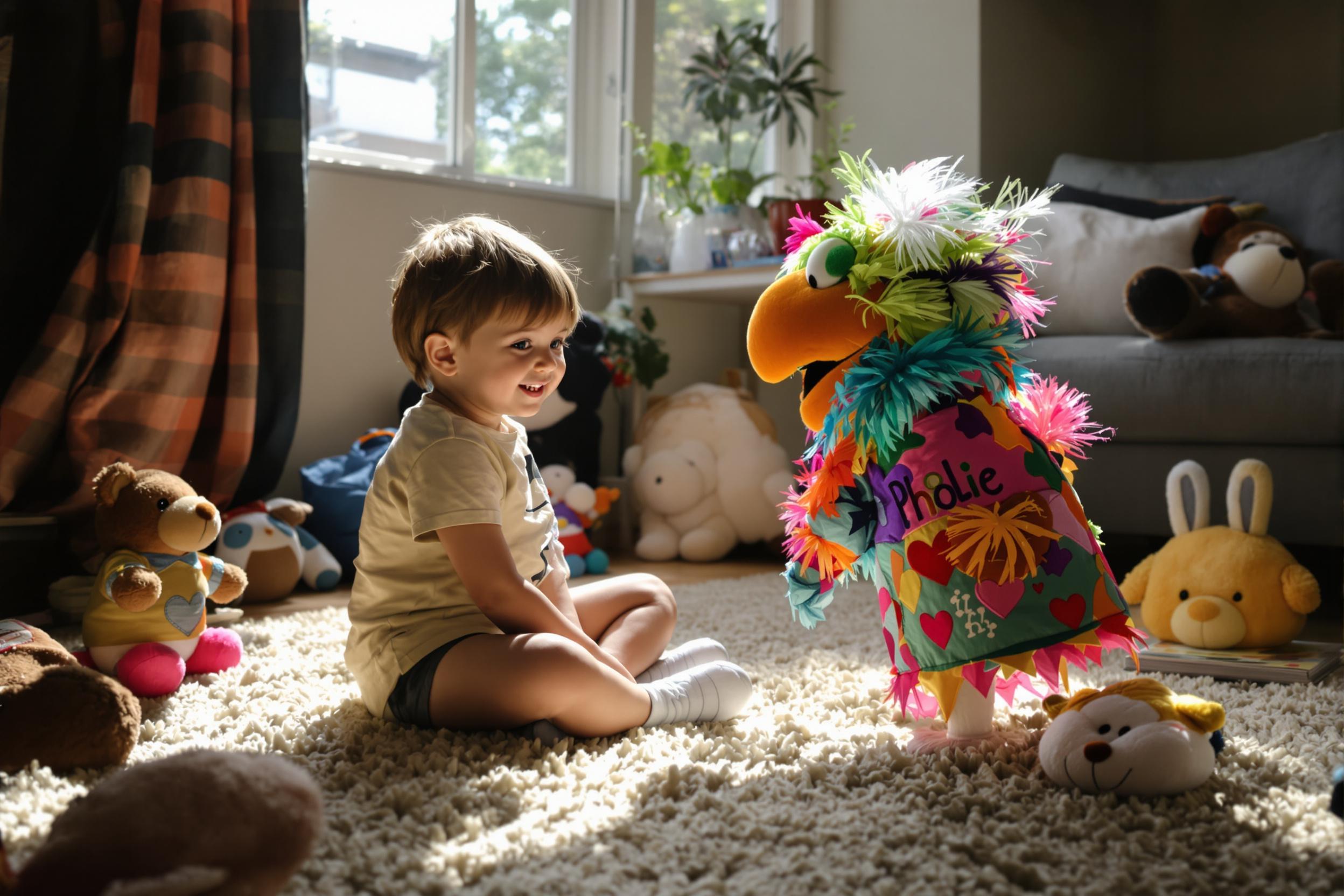 In a cozy living room, a small child sits cross-legged on a plush carpet, captivated by a colorful puppet. Sunlight streams from a nearby window, illuminating the child's sparkling eyes and creating a warm glow. The puppet is adorned with vibrant fabrics and exaggerated facial features, engaging the child in imaginative play. Plush toys and books are scattered around, adding to the playful atmosphere.