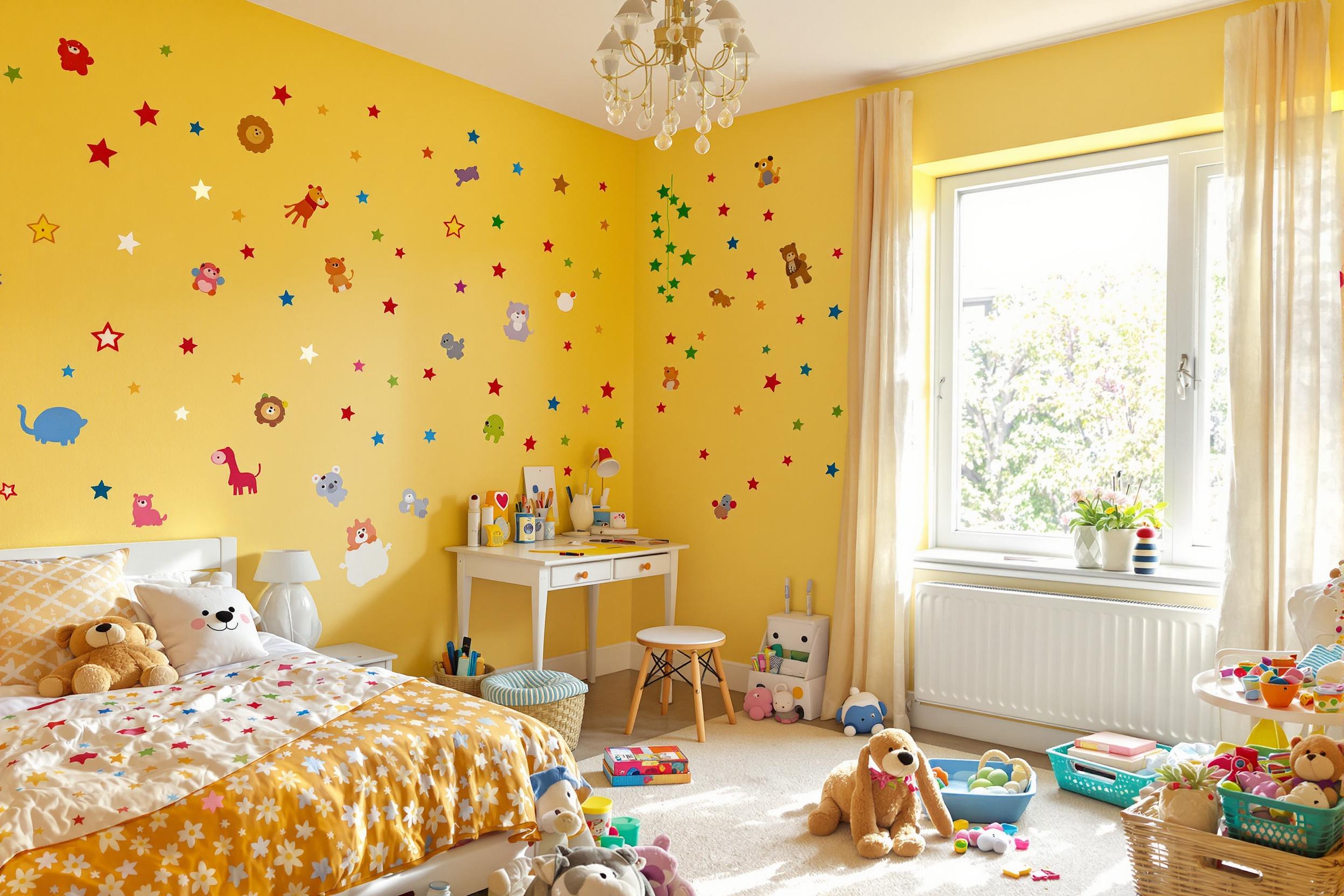 A brightly decorated child’s bedroom bursts with creativity and whimsy. Cheerful yellow walls and patterned bedding invite playfulness. Colorful wall decals of animals and stars adorn the space, while plush toys and books are scattered across a soft rug. A small desk is neatly arranged with art supplies, illuminated by gentle sunlight streaming through a large window.