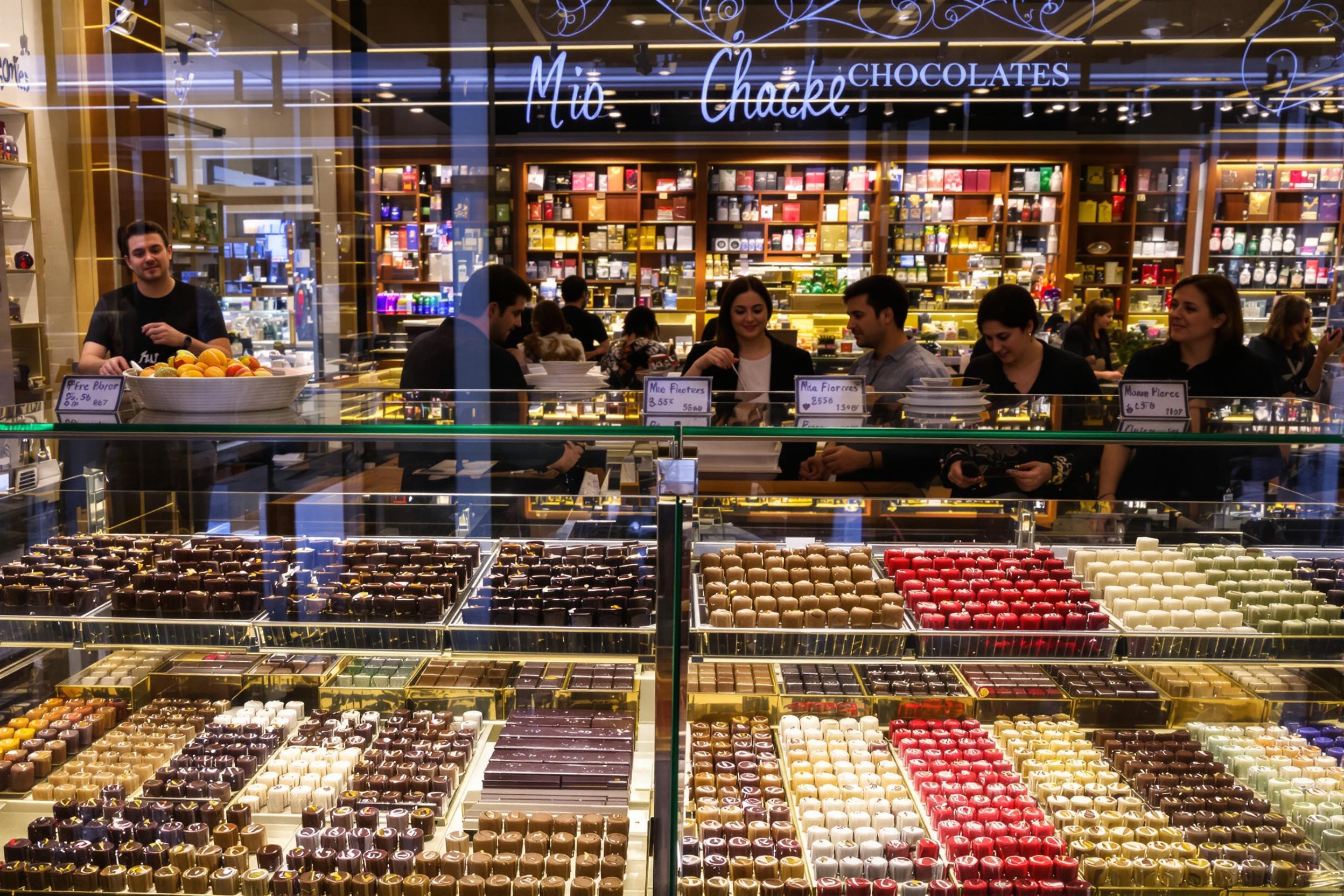 A bustling chocolate shop entices visitors with a rich array of decadent treats displayed in elegant glass cases. Rows of hand-crafted truffles, bars, and confections showcase glossy coatings and intricate designs. Soft, warm lighting bathes the scene, highlighting vibrant hues of dark, milk, and white chocolates. Customers browse eagerly, their expressions of delight captured amidst the inviting aroma of cocoa.