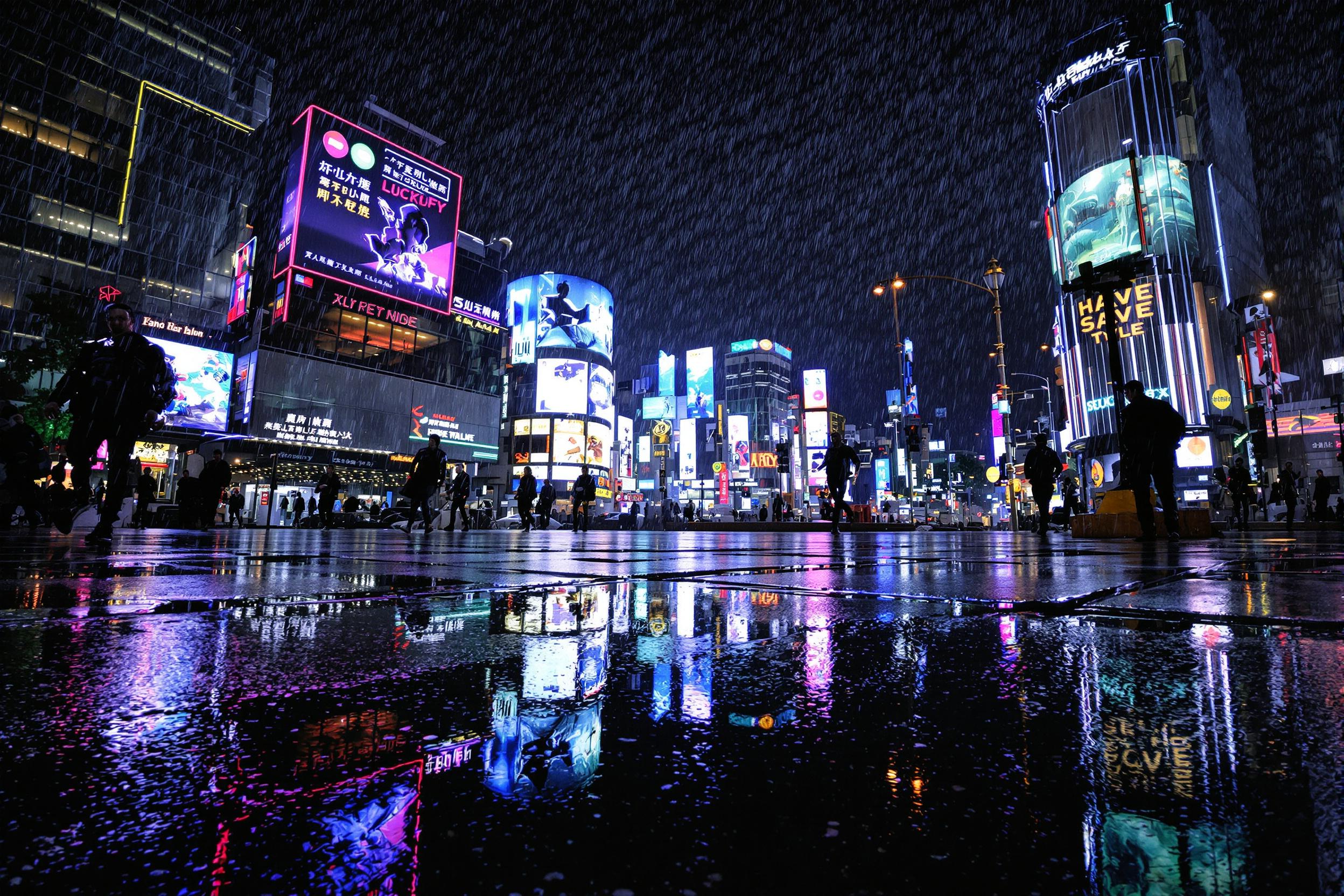 Rain-slicked pavement reflects vibrant neon lights and towering skyscrapers in a bustling city nightlife scene. A large puddle in the foreground mirrors glowing signboards and scattered silhouettes of pedestrians. Above, streaks of soft rain dimly outline clouds against a starless sky, framing this cinematic urban landscape.