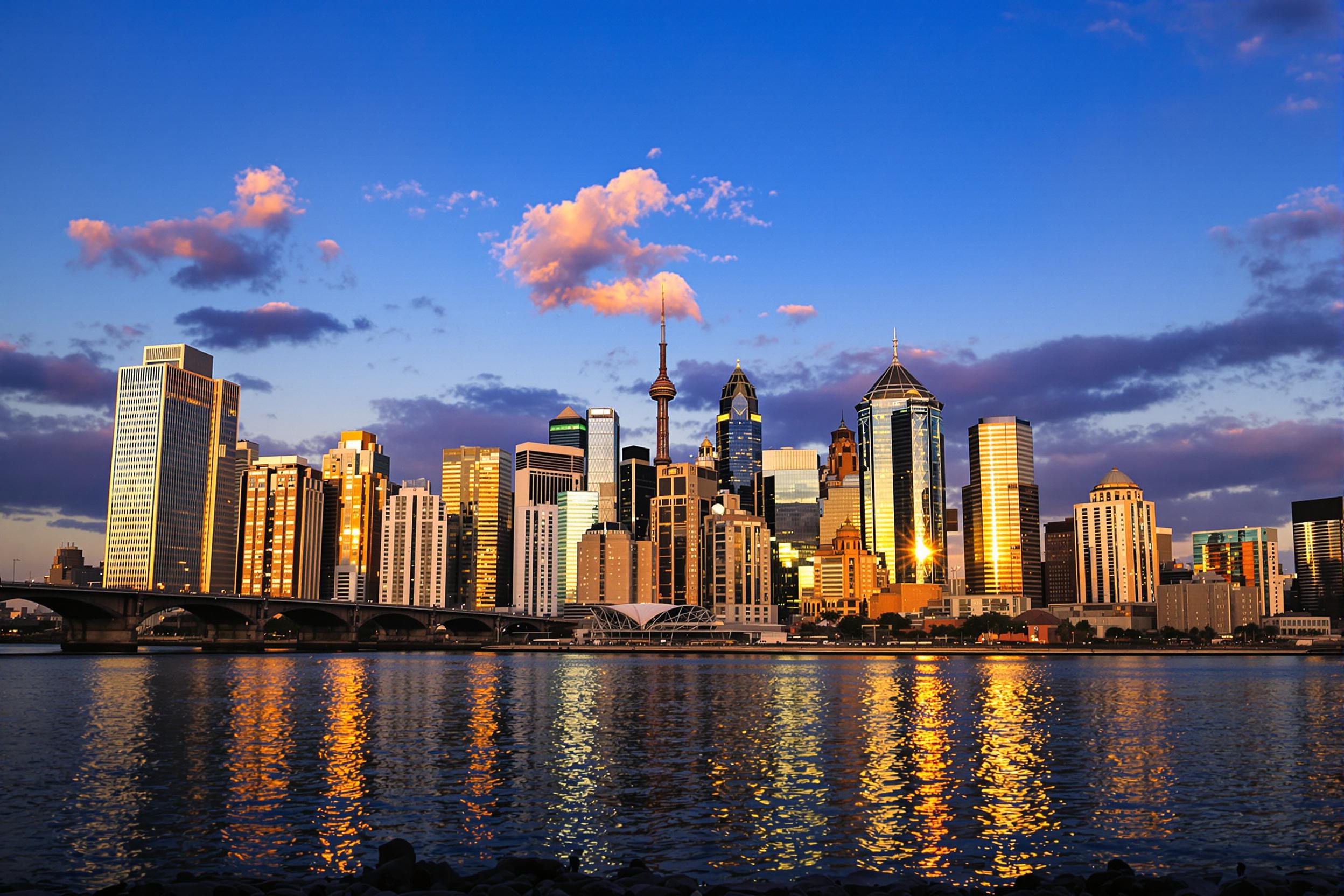 A stunning city skyline emerges against a twilight backdrop, where skyscrapers tower majestically by a gently flowing river. Soft, warm light glimmers from windows, illuminating the urban landscape. Reflections dance on the water's surface, creating a harmonious blend of colors that transition from deep blue to golden yellow. A few scattered clouds catch the fading sunlight, adding depth to the serene scene.