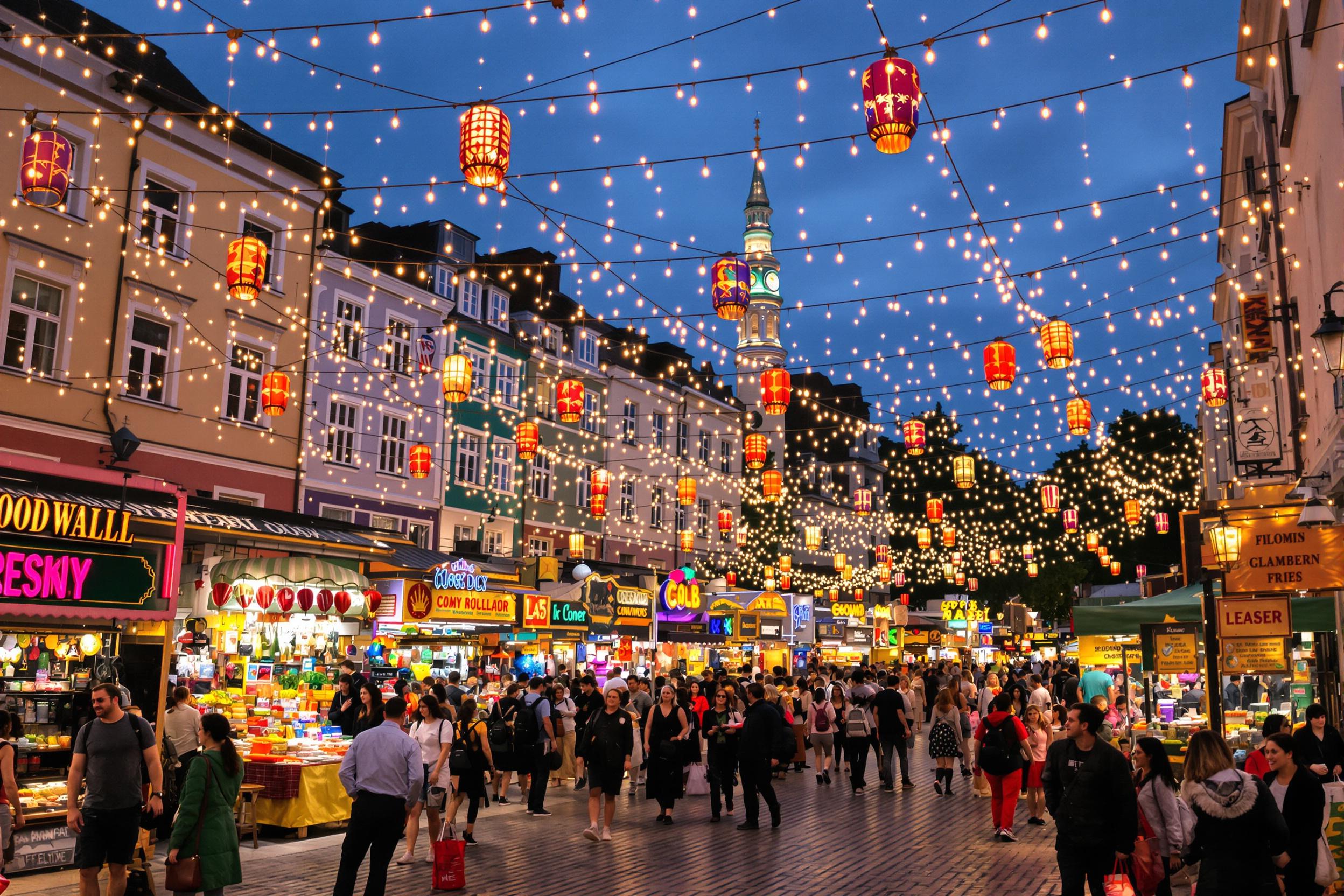 A bustling city square comes alive under twinkling string lights as an evening festival unfolds. Colorful stalls brim with artisanal goods and street food, drawing a diverse crowd enjoying various activities. Laughter and music fill the air, while the glow of warm lanterns reflects off the cobblestone pathways, creating a vibrant and welcoming atmosphere.