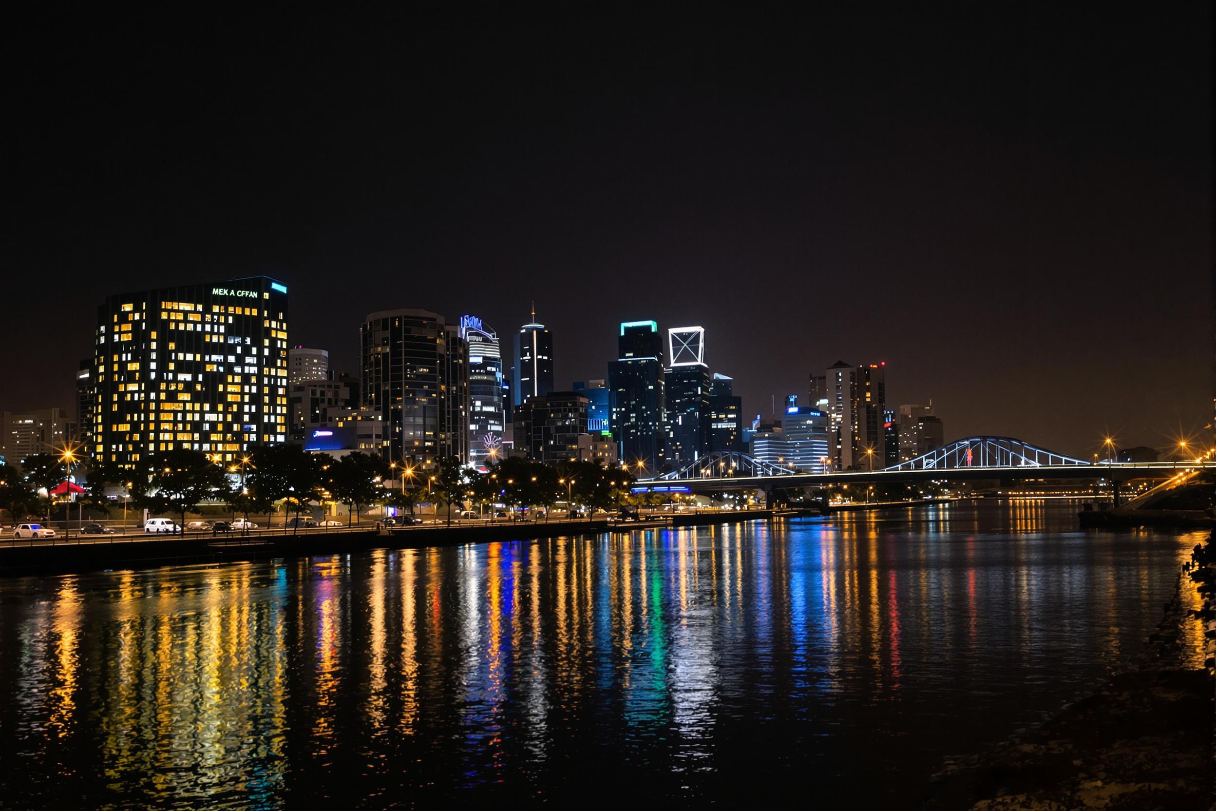 A modern urban skyline reflects off the calm river during a rainy night. Vibrant city lights—ranging from soft yellows to vivid blues—glow against the wet surfaces, creating mirrored visuals across the glossy streets. Buildings of varying heights create an intricate skyline bordered with distant bridges.