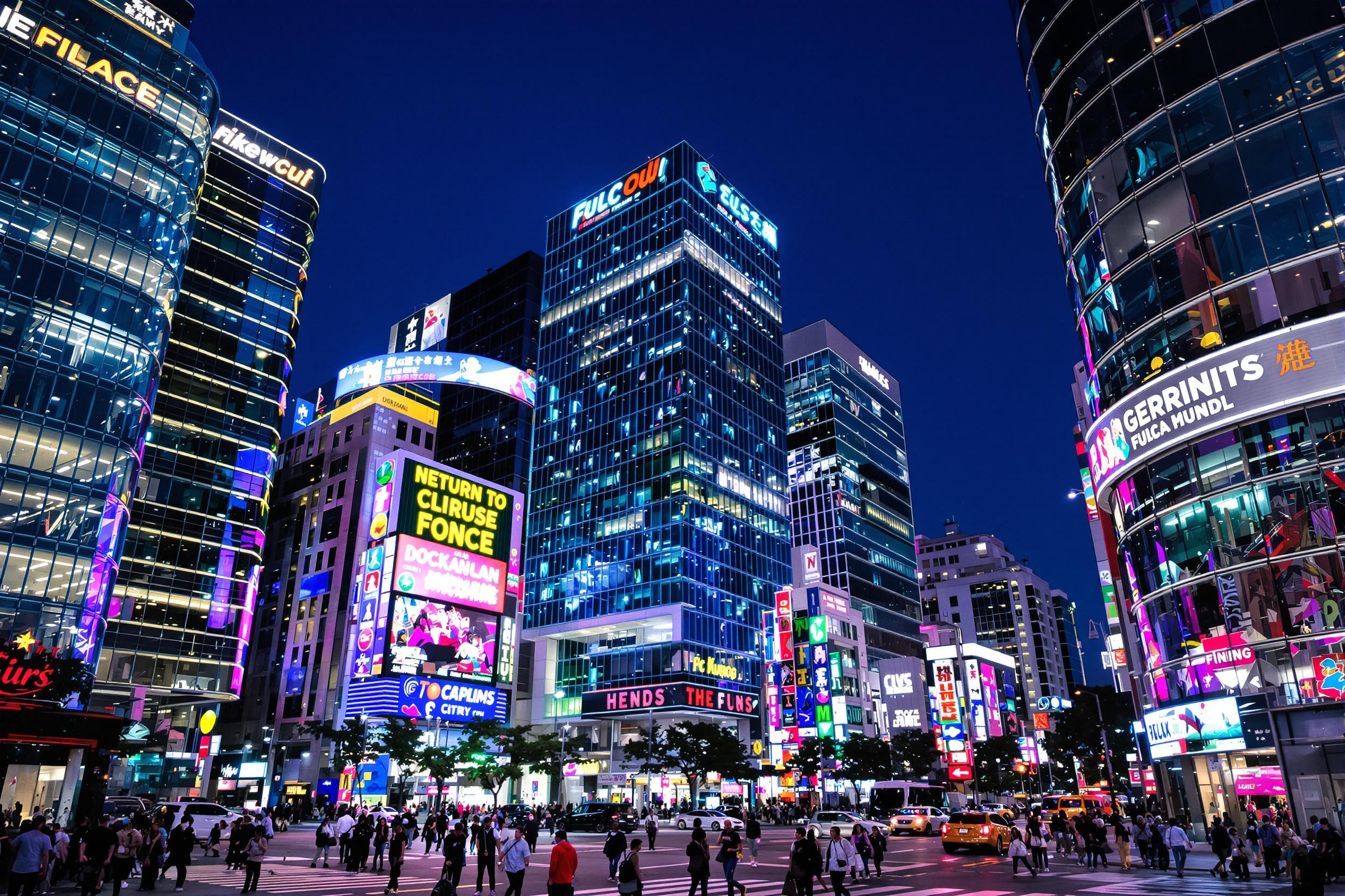 A lively urban cityscape buzzes with activity as night falls. Bright neon signs reflect vibrantly against the glass façades of towering skyscrapers, creating a kaleidoscope of colors. Busy streets teem with pedestrians and moving vehicles, their headlights adding a dynamic energy to the scene. The deep indigo sky provides an enchanting backdrop for this bustling metropolitan atmosphere.