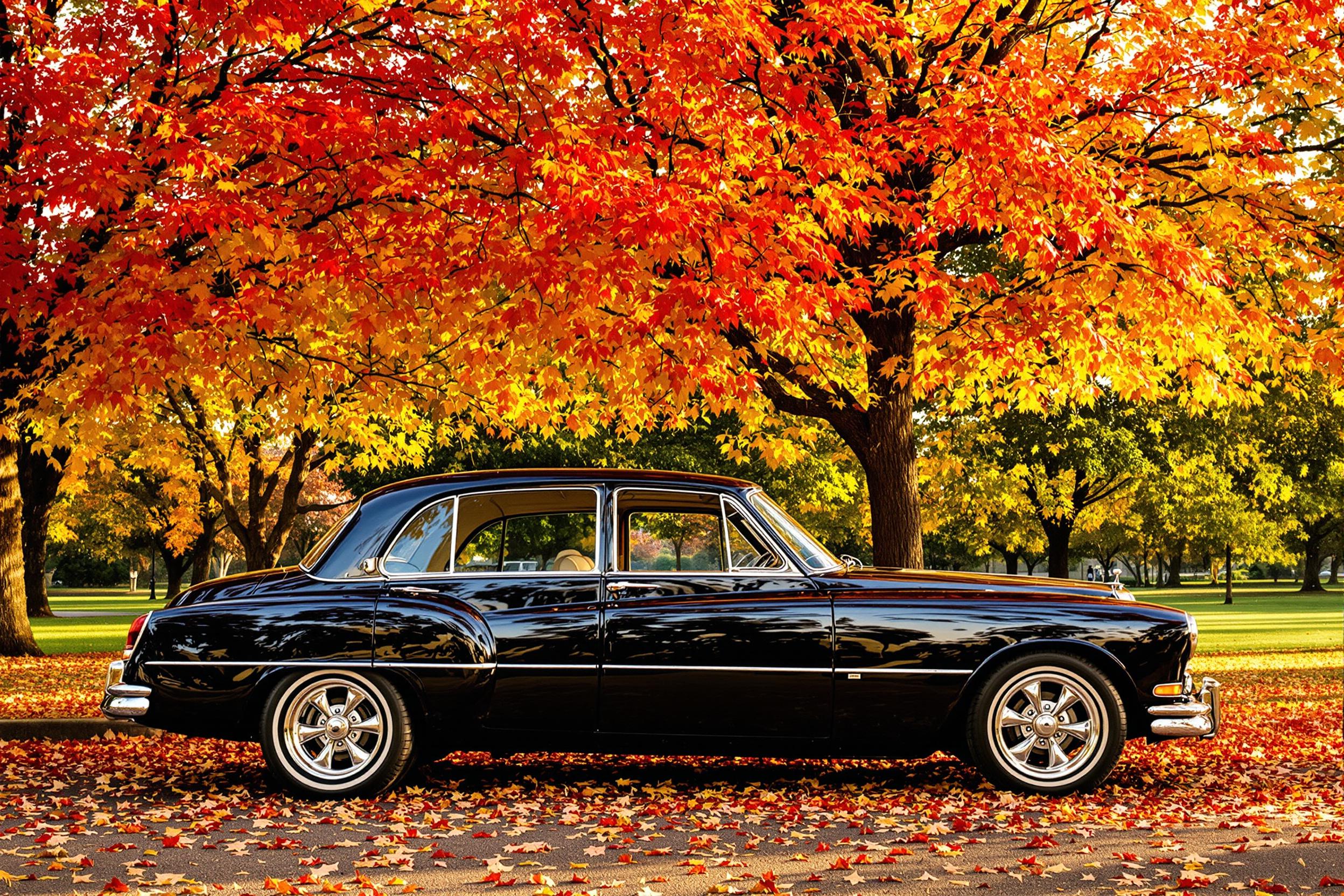 A beautifully restored classic car rests under a canopy of vibrant autumn trees in a peaceful park. The warm golden light filters through the leaves, enhancing the deep reds and oranges of the foliage. The polished exterior of the car reflects these colors, creating a harmonious blend with its surroundings. Crisp fallen leaves carpet the ground, adding texture to the idyllic scene.